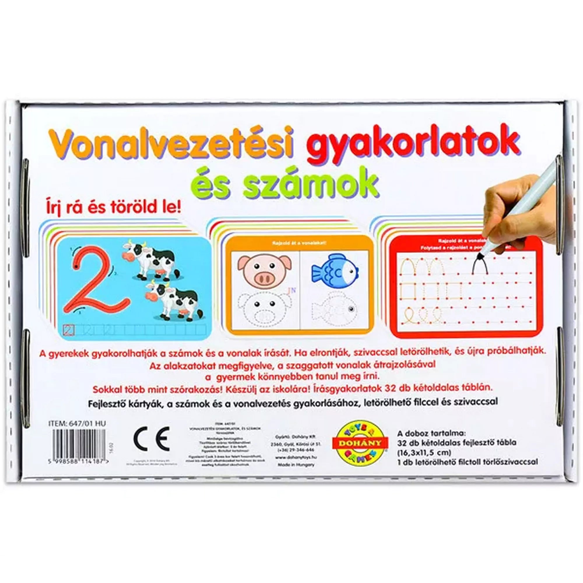 A „Vonalvezetési gyakorlatok és számok” fejlesztőjáték hátoldala, amely részletes leírást tartalmaz a tartalomról és a használatról, valamint példákat mutat a feladatkártyákra és formákra.