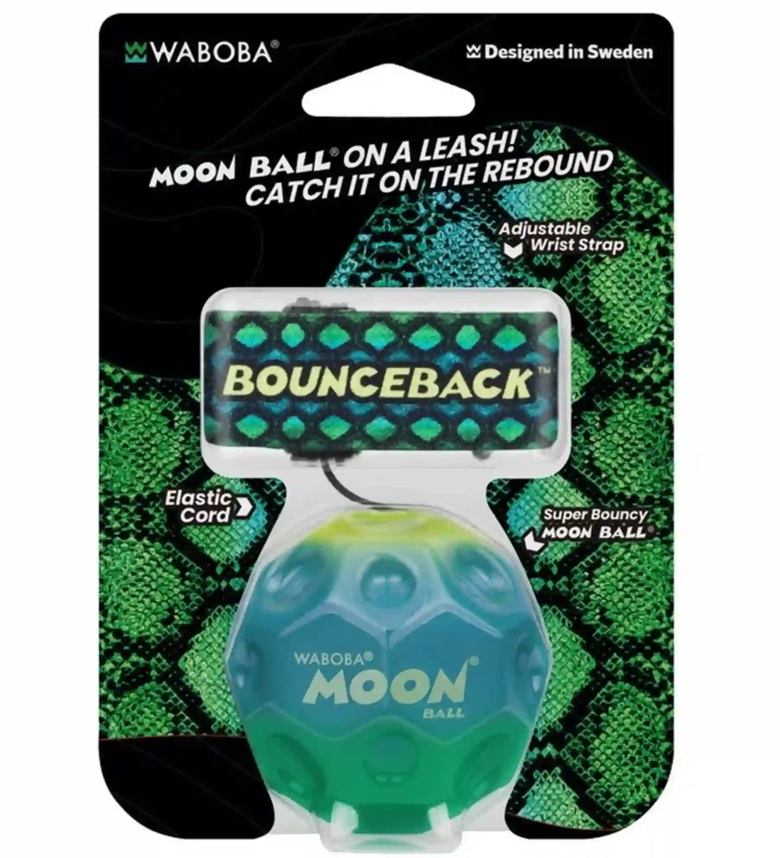 Waboba Bounceback Moon Ball eredeti csomagolásban, állítható csuklópánttal és rugalmas zsinórral ellátott pattogólabda.