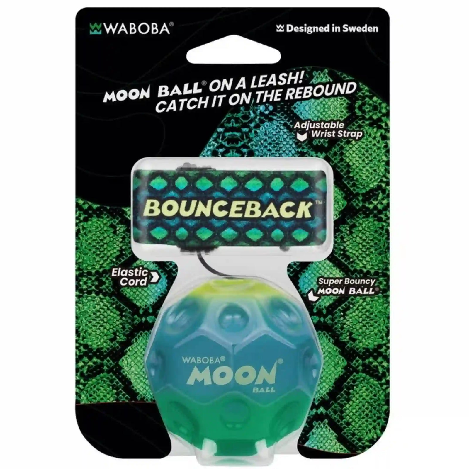 Waboba Bounceback Moon Ball eredeti csomagolásban, állítható csuklópánttal és rugalmas zsinórral ellátott pattogólabda.