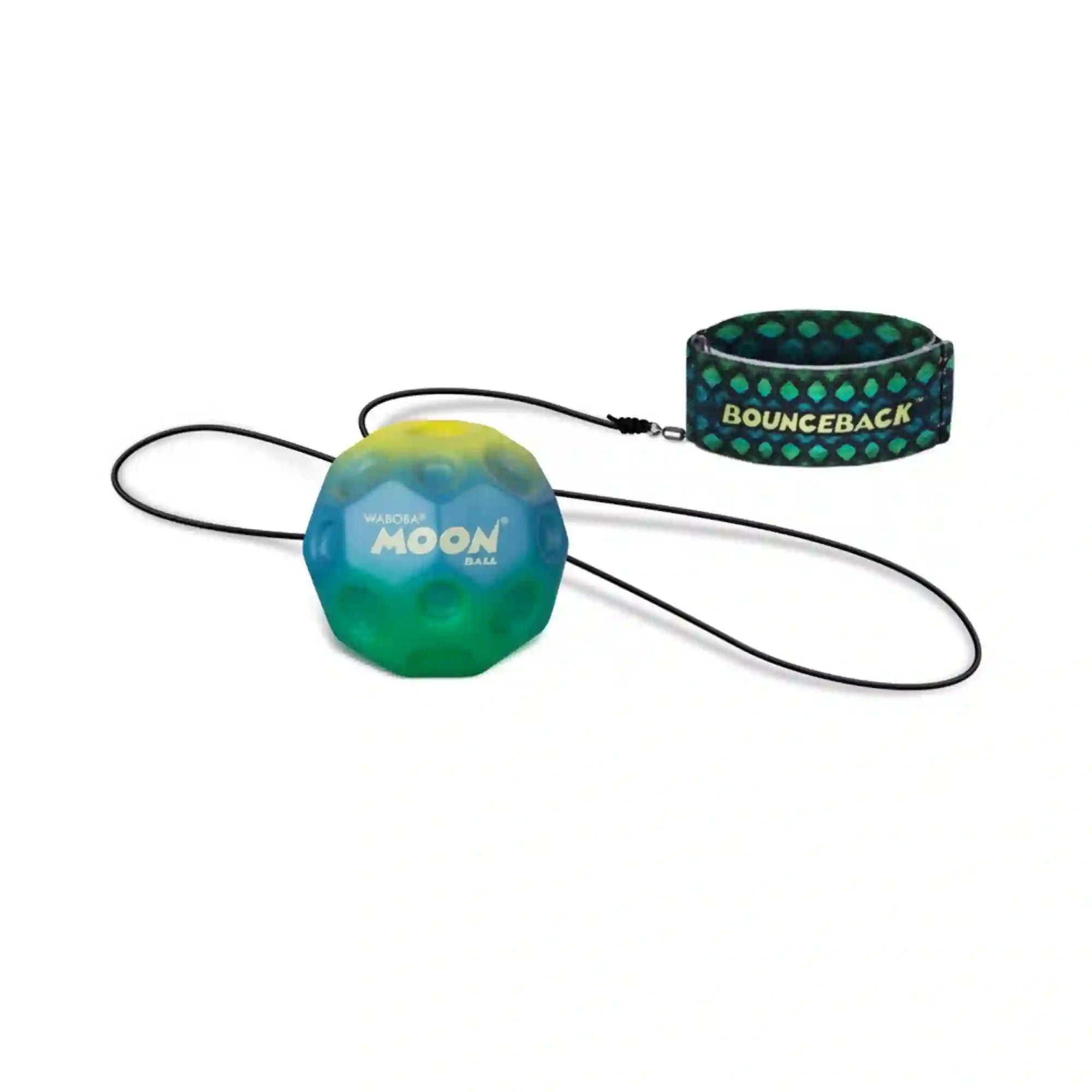 Waboba Bounceback Moon Ball pattogólabda csuklópánttal, kék-zöld színű labdával és mintás Bounceback karszalaggal.