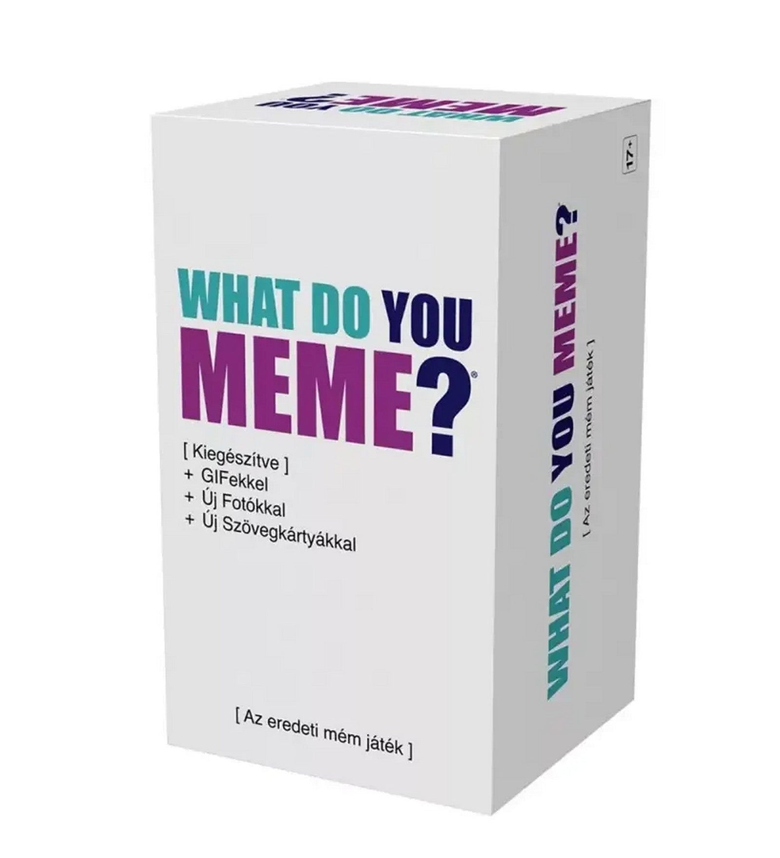 „What Do You Meme? – GIF Edition társasjáték doboza fehér háttéren, a kiegészített tartalom felsorolásával.”