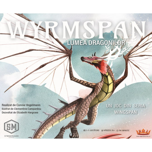 Wyrmspan – Lumea Dragonilor társasjáték román nyelvű dobozának előlapja, középen egy részletesen illusztrált, szárnyait kitáró sárkánnyal, világos pasztellszínű háttérrel és a Stone Maier Games logójával