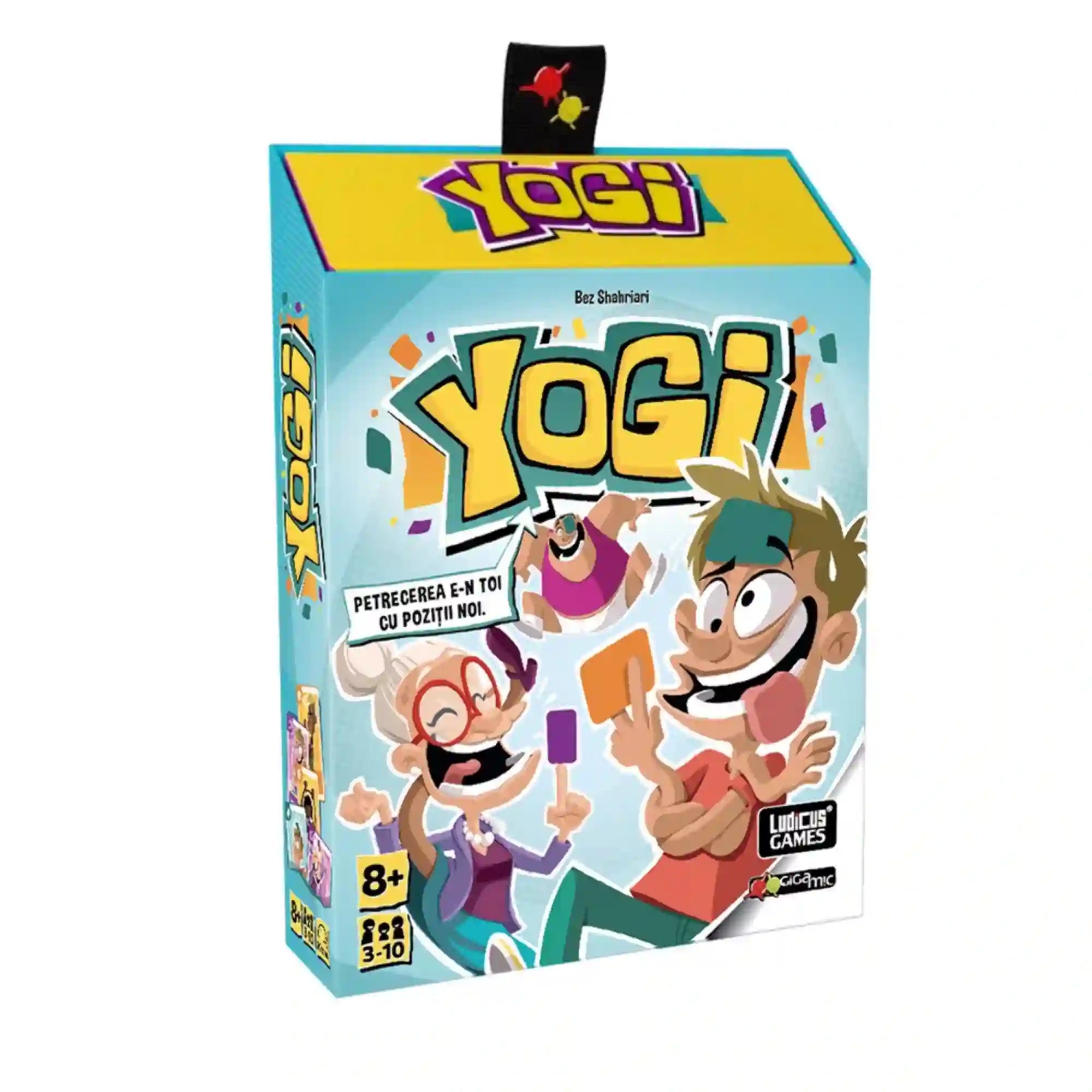 Yogi társasjáték türkiz-sárga doboza fehér háttéren, a borítón vidám rajzolt szereplőkkel és színes kártyákkal.