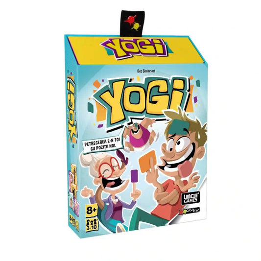 Yogi társasjáték türkiz-sárga doboza fehér háttéren, a borítón vidám rajzolt szereplőkkel és színes kártyákkal.