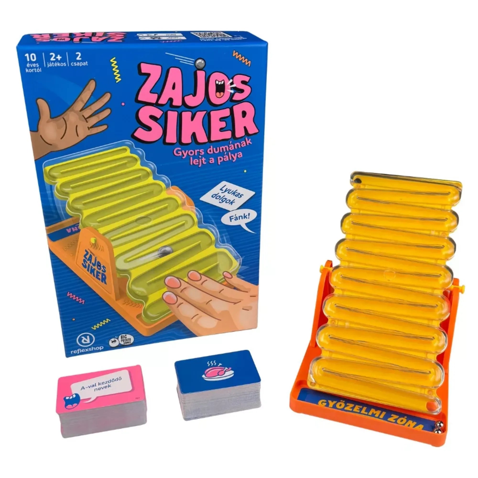 Zajos siker társasjáték doboza és teljes tartalma, sárga zajkeltő pályával, fém golyóval, kártyapaklikkal és színes grafikával, a játék összes tartozékának bemutatásával.