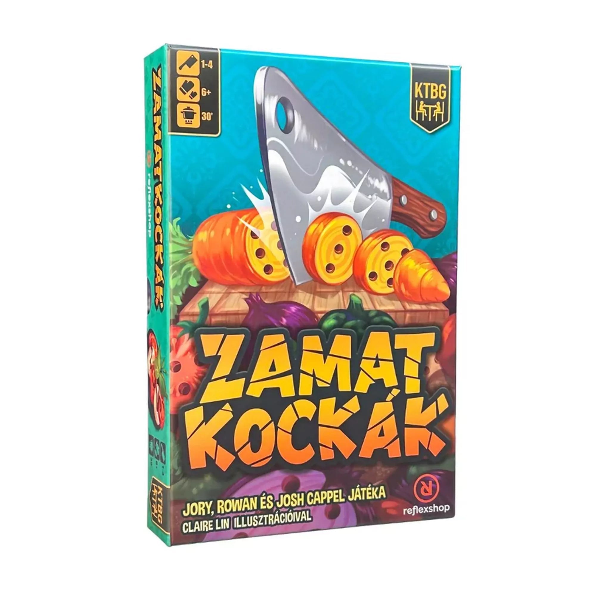 A képen a Zamatkockák társasjáték doboza látható, amely egy izgalmas és kreatív főzőverseny világába repíti a játékosokat. A doboz grafikája egy hatalmas séfkést és szeletelt zöldségeket ábrázol, utalva a játék kulináris témájára. 