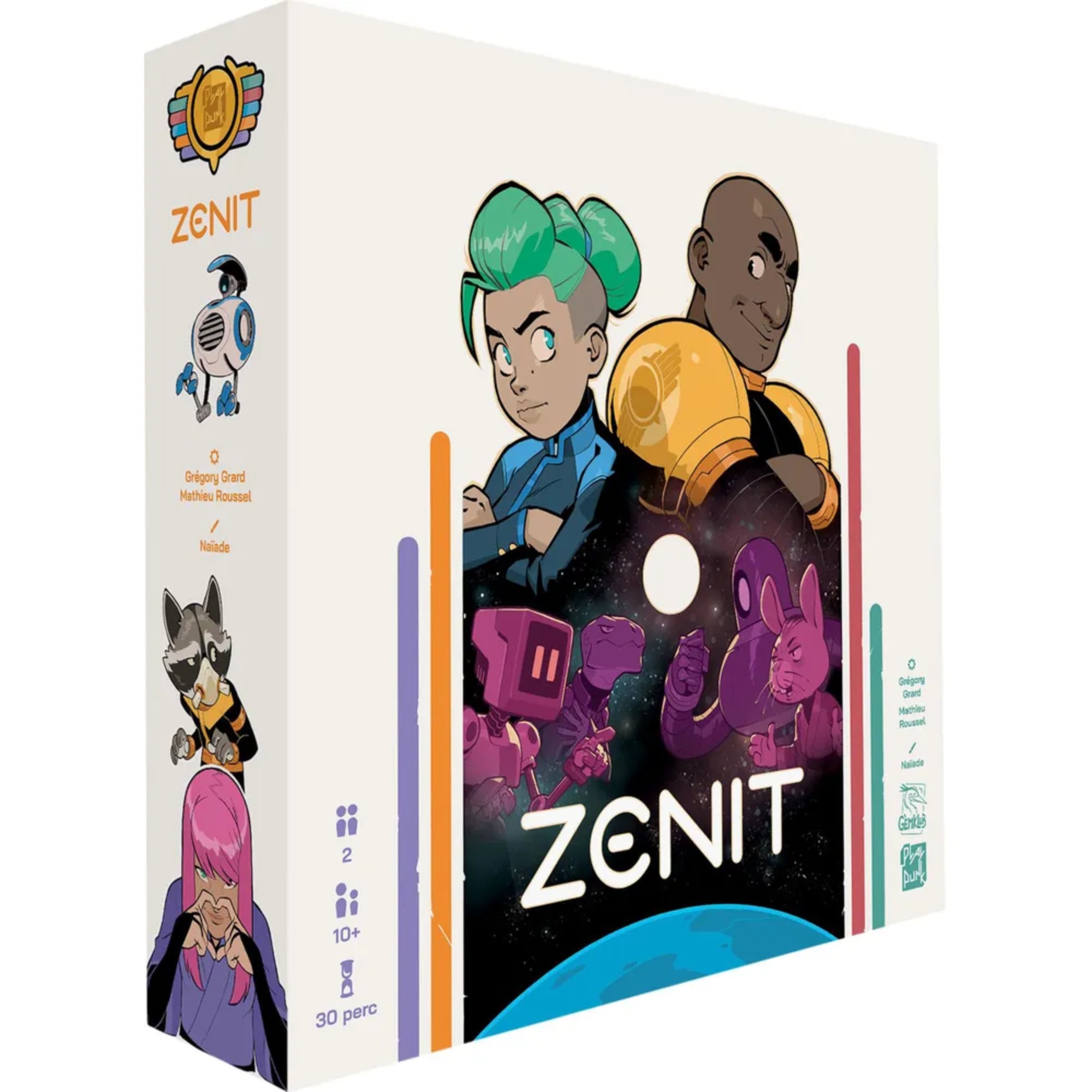 Zenit társasjáték doboza közelről, futurisztikus illusztrációval és karaktergrafikákkal, 2 játékos részére, 10+ éves kortól.
