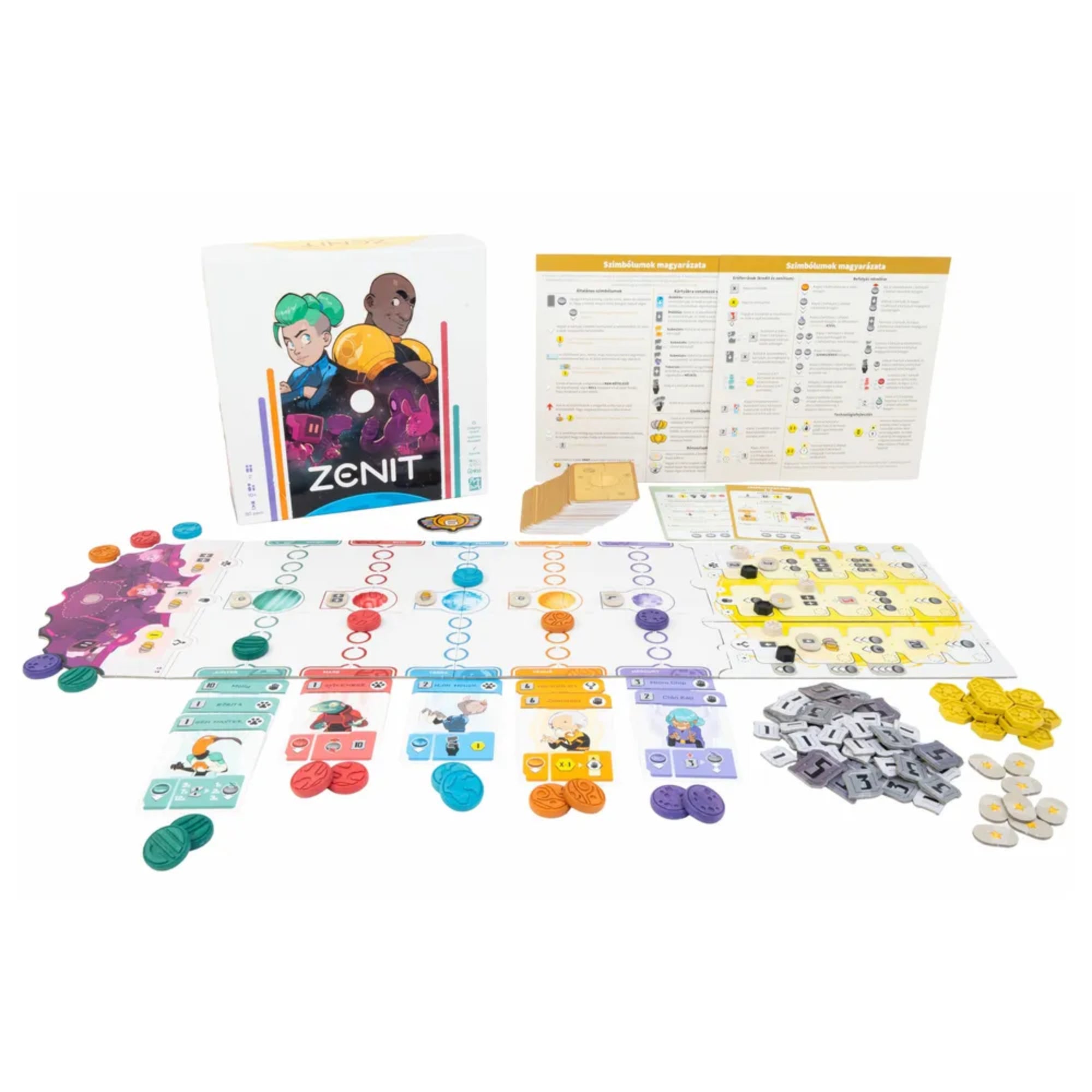 Zenit társasjáték teljes tartalma kiterítve – játéktábla, karakterkártyák, szimbólumsegédlet, zsetonok, jelölők és paklik a doboz mellett.