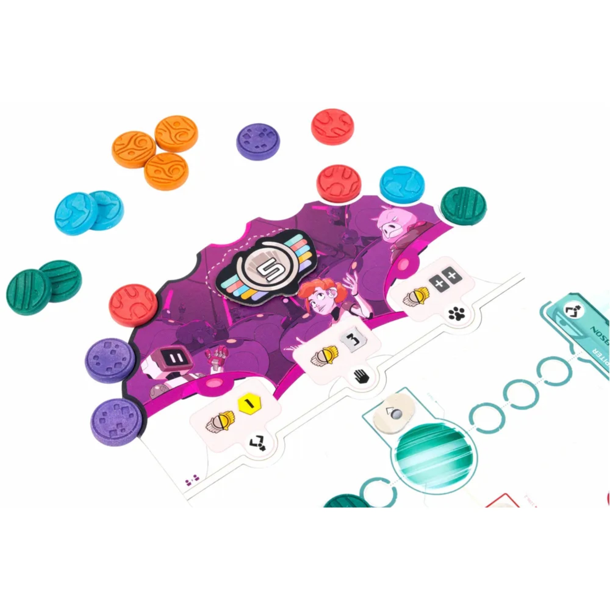 Zenit társasjáték részlet a játéktábláról színes korongokkal és pontozósávval, sci-fi hangulatú grafikával és erőforrás ikonokkal.