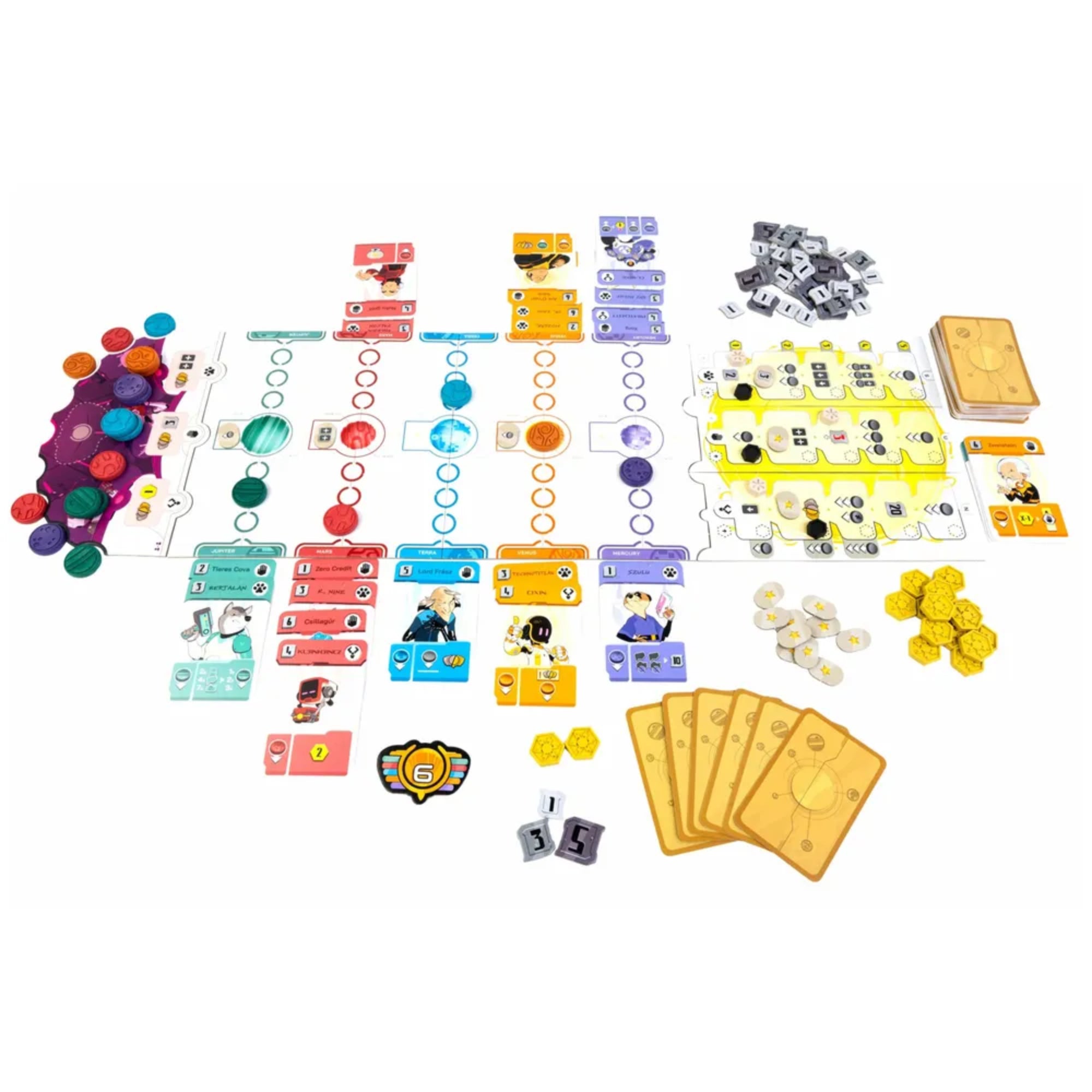Zenit társasjáték játék közbeni elrendezése felülnézetből – központi tábla, akciókártyák, sárga modulok, számozott jelölők és erőforrás zsetonok.