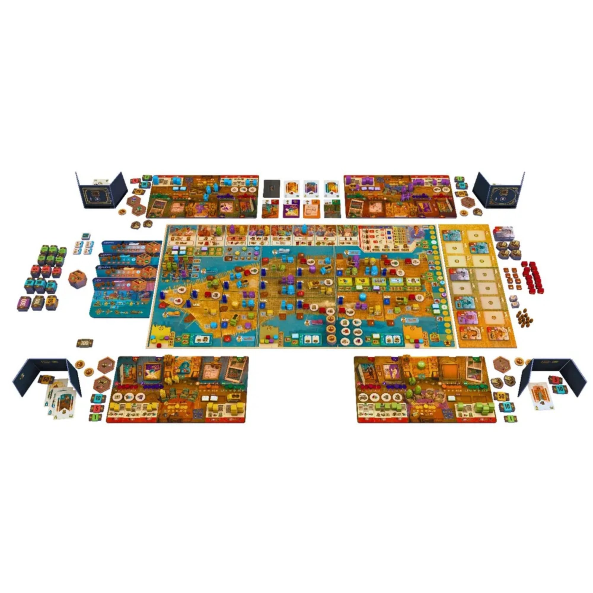 A Zugkocsma társasjáték teljes tartalma kiterítve: játéktáblák, játékostáblák, kártyák, jelölők, figurák és egyéb kiegészítők.