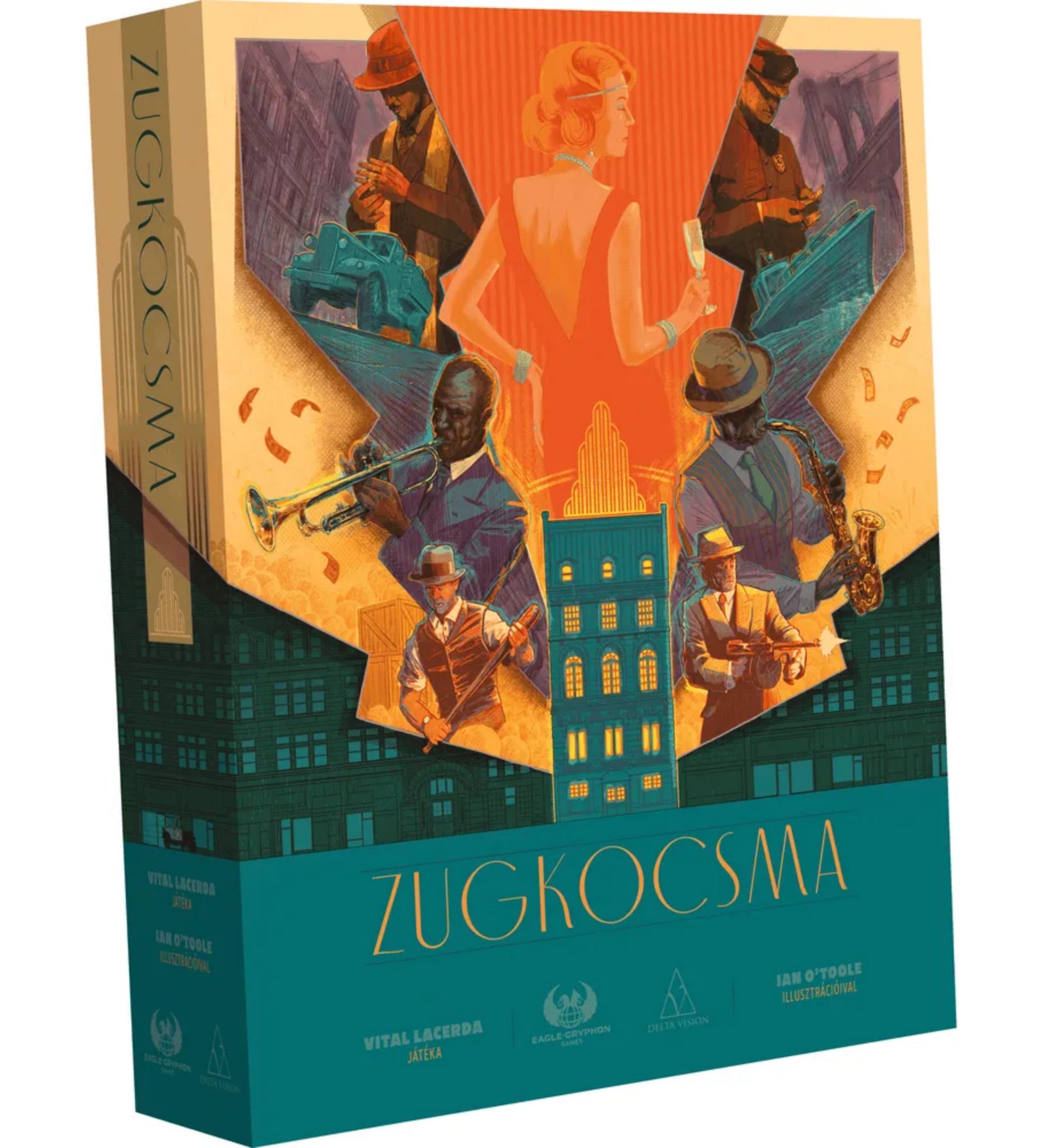 Zugkocsma társasjáték doboza art deco stílusú borítóval, jazz zenészekkel és gengszter hangulatú illusztrációval.