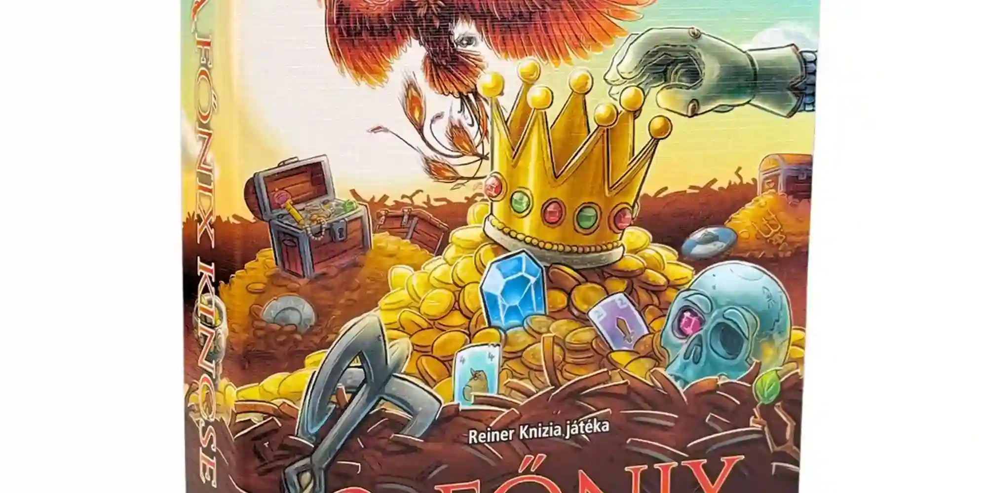 A főnix kincse társasjáték dobozképe főnixmadárral, aranykincsekkel és fantasy grafikával
