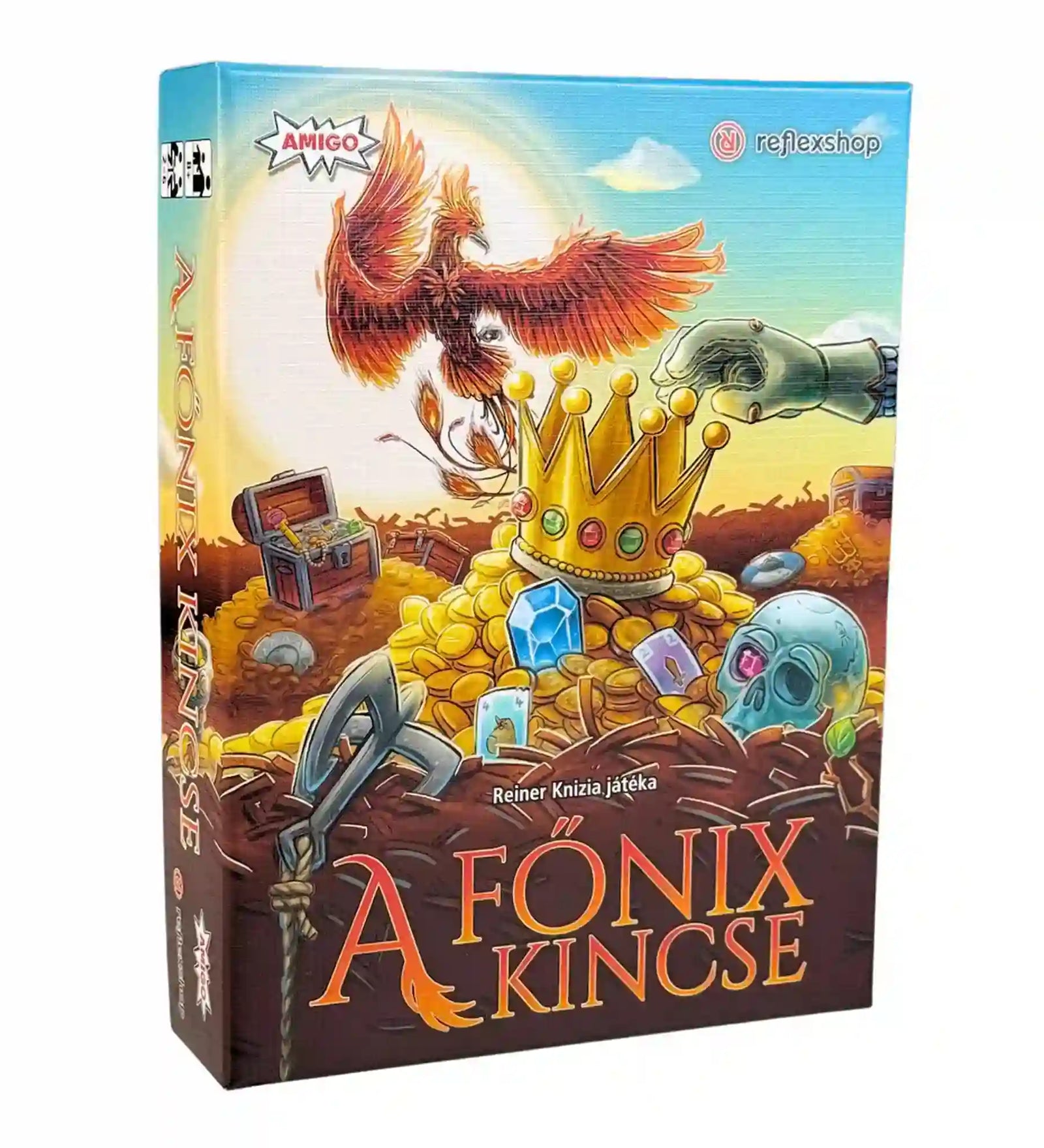 A főnix kincse társasjáték dobozképe főnixmadárral, aranykincsekkel és fantasy grafikával