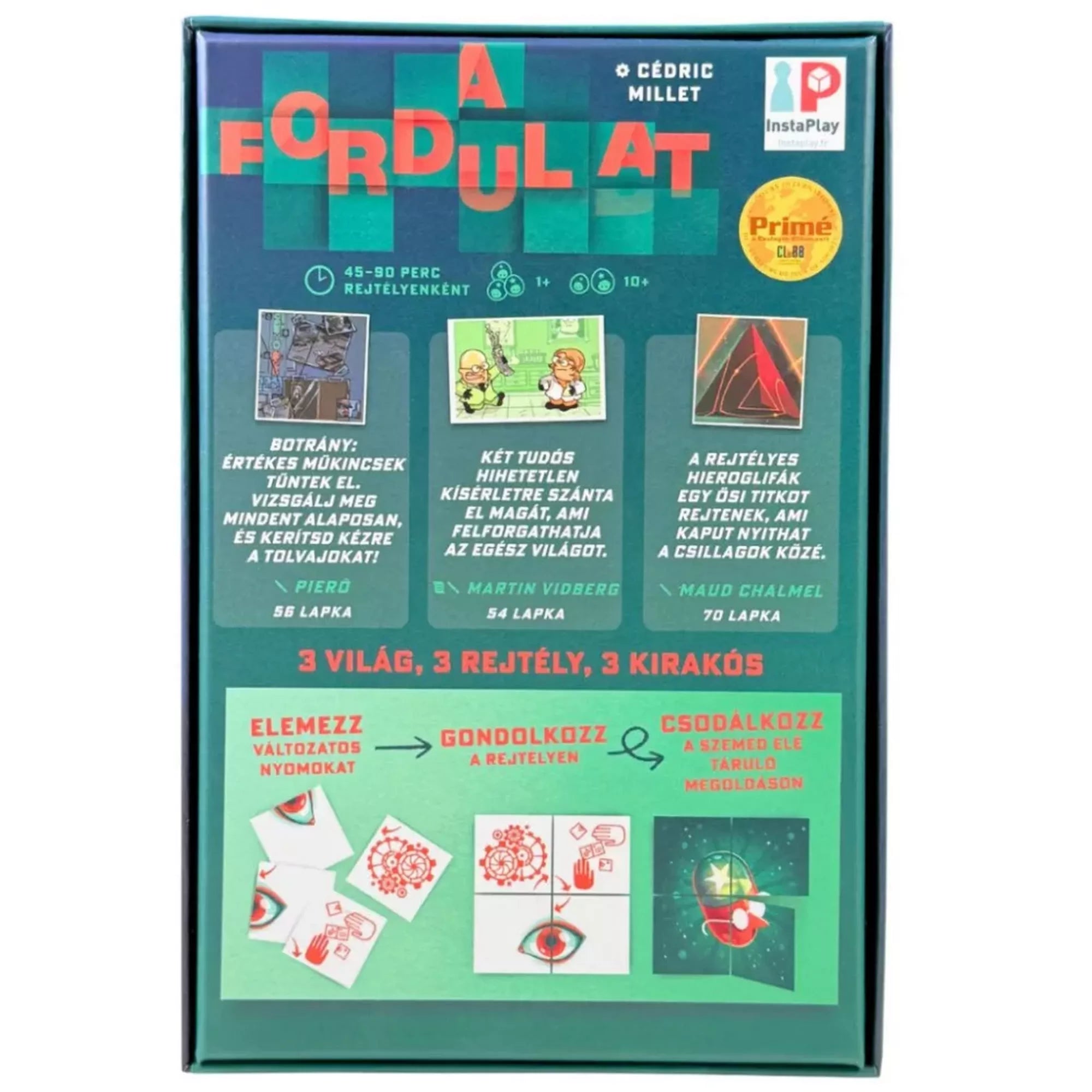 A Fordulat társasjáték hátoldalán látható a három rejtvényvilág bemutatása – Botrány, A találmány, Imhotep – illusztrációkkal és játékinformációkkal.