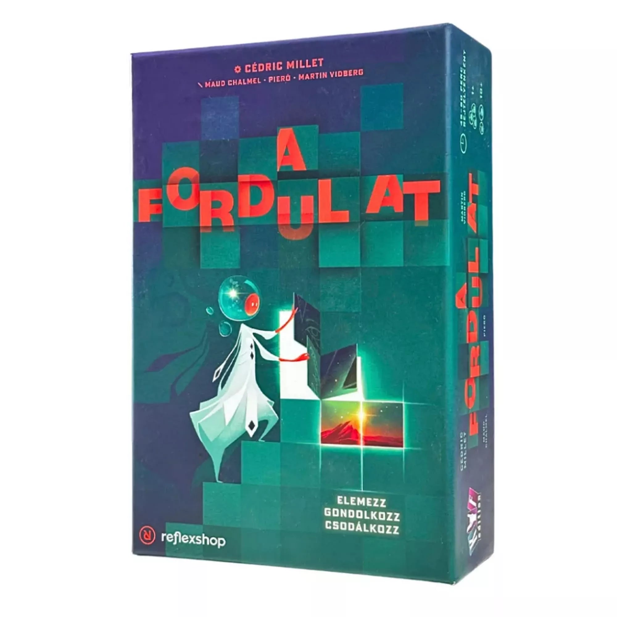 A A Fordulat társasjáték doboza futurisztikus, zöldes-kék árnyalatokban, középen egy titokzatos figura fénnyel teli ajtót nyit. A borítón a felirat: „Elemezz, gondolkodj, csodálkozz”.