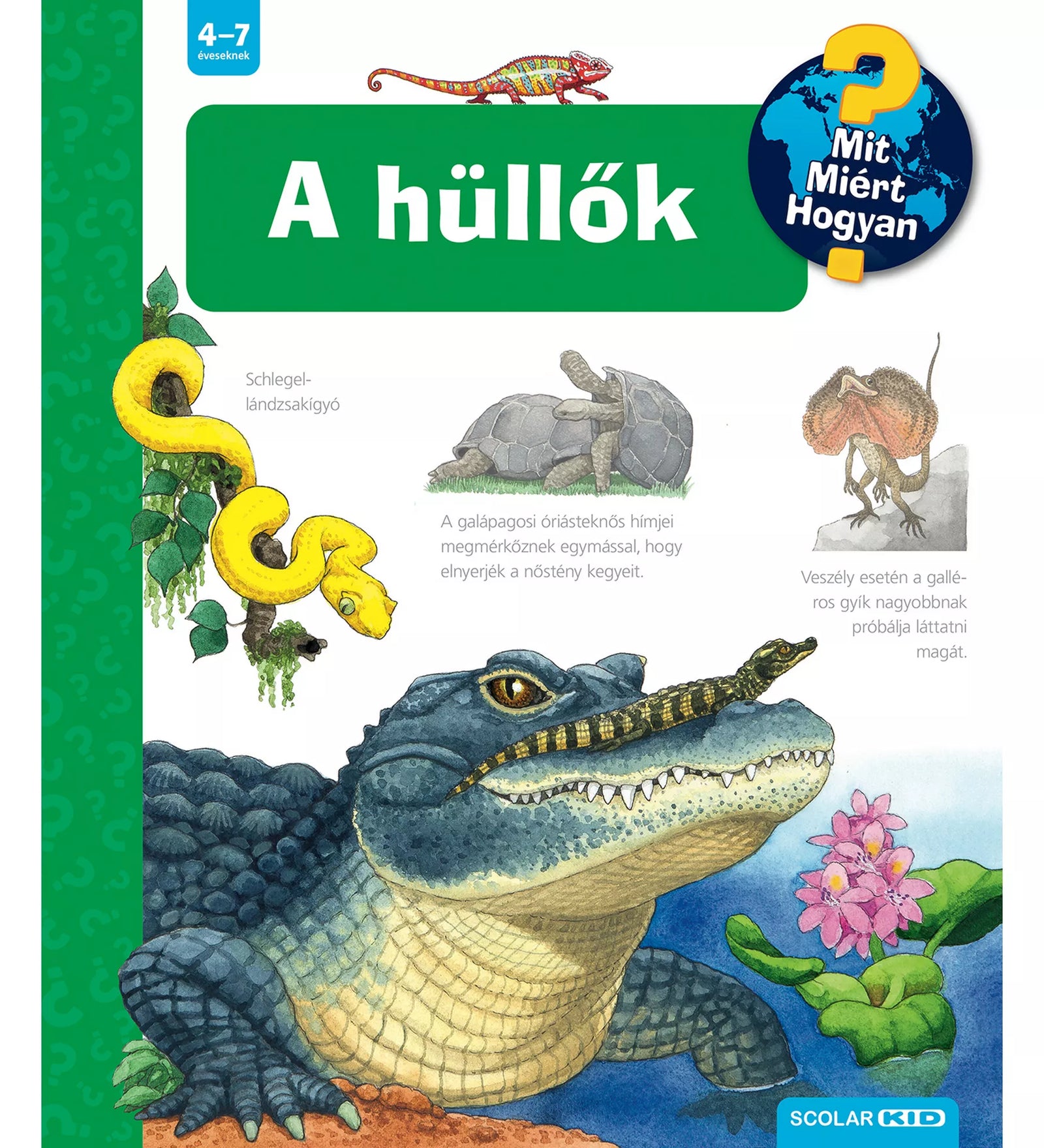 „A hüllők” – a Mit? Miért? Hogyan? sorozat kötete 4–7 éveseknek. A borítón több hüllő illusztrációja látható: Schlegel-lándzsakígyó egy ágon, galápagosi óriásteknős hímjei küzdenek, galléros gyík támadó pózban, elöl pedig egy krokodil a hátán napozó fiatal gyíkkal. Jobbra alul vízililiom és SCOLAR KID logó.