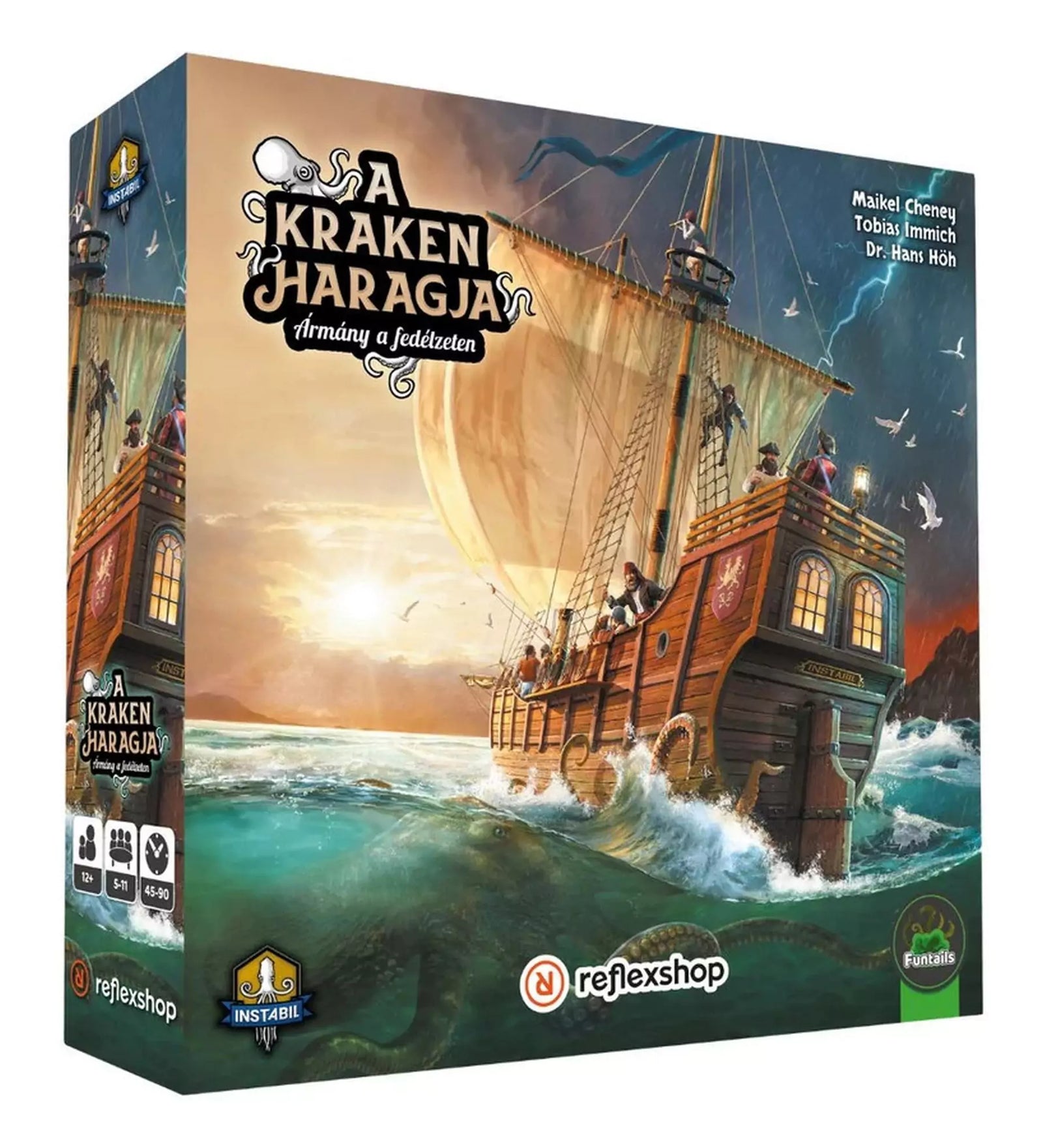 A Kraken haragja társasjáték dobozának eleje, látványos tengeri csatajelenettel, egy kalózhajóval és a mélyből támadó Kraken tentákulumával.