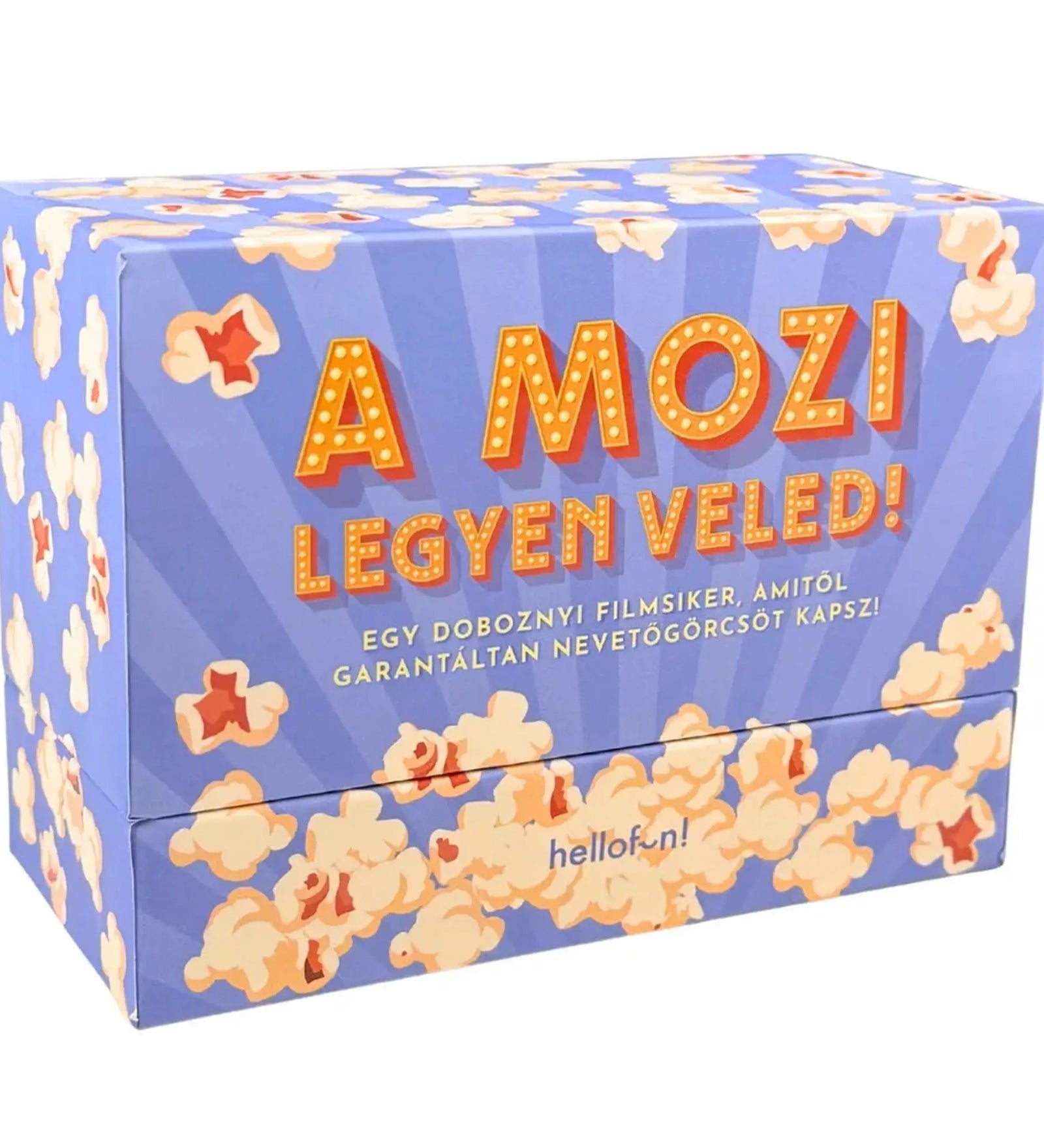 A mozi legyen veled! magyar nyelvű társasjáték dobozkép, kék popcorn mintás csomagolás elölnézetben.