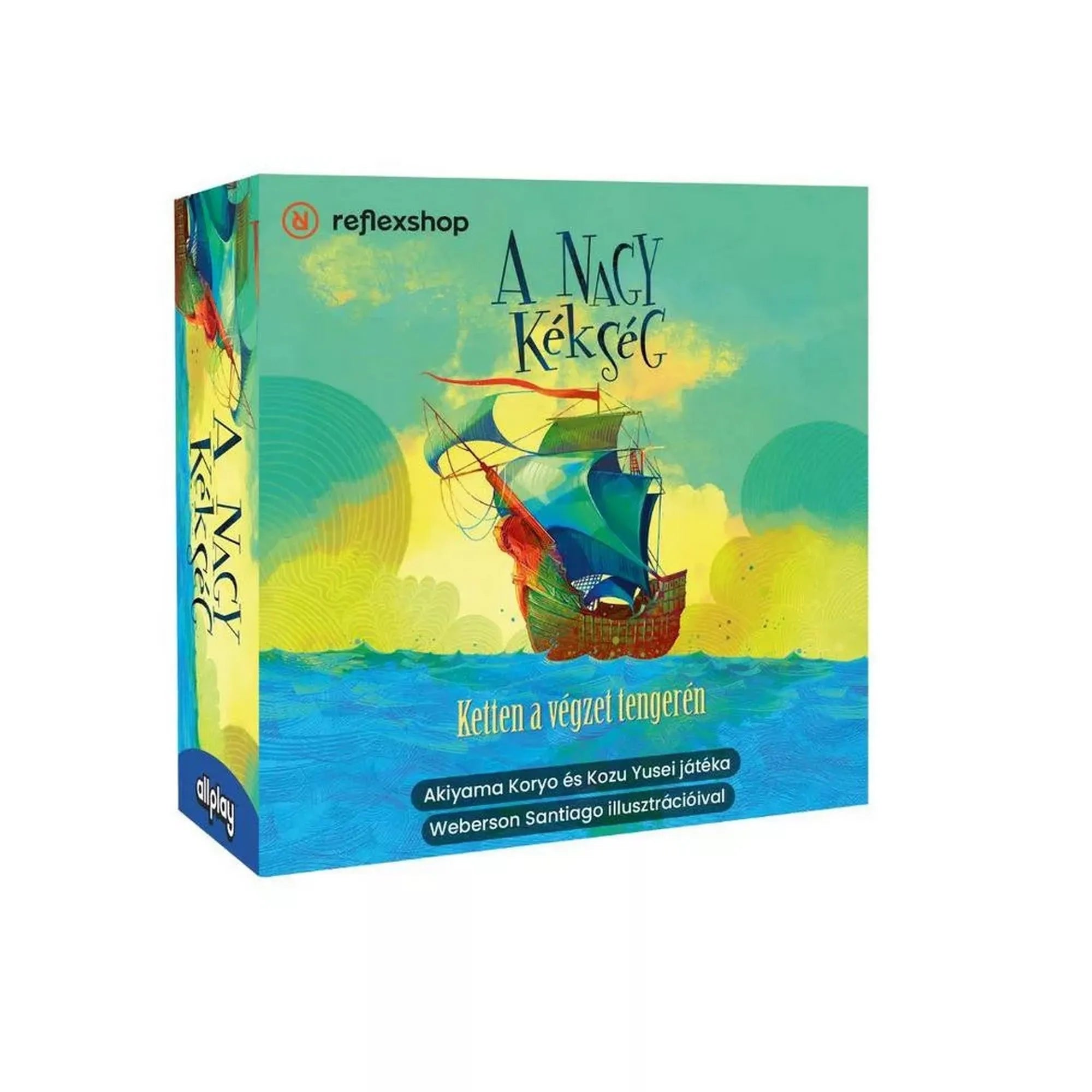 A nagy kékség társasjáték doboza elölnézetből, színes vitorlás hajó illusztrációval és kalózos hangulattal