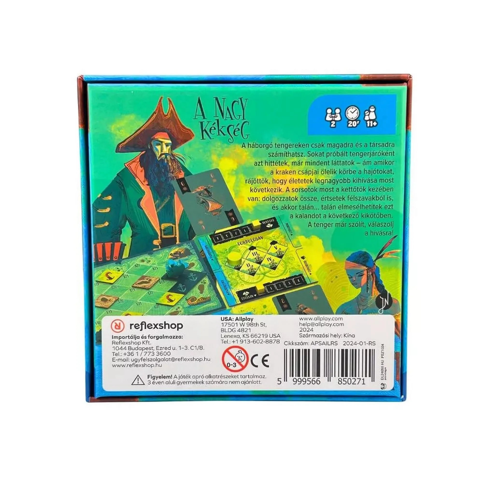 A nagy kékség társasjáték dobozának hátoldala, játékleírással, komponensekkel és korosztály jelöléssel