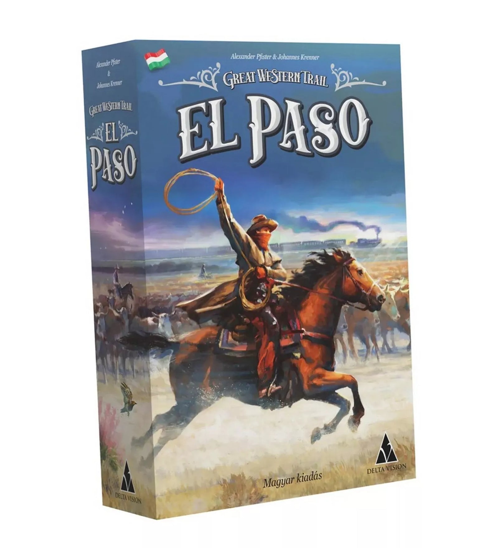 A nagy western utazás: El Paso társasjáték dobozkép, Great Western Trail El Paso magyar kiadás, cowboyos illusztrációval
