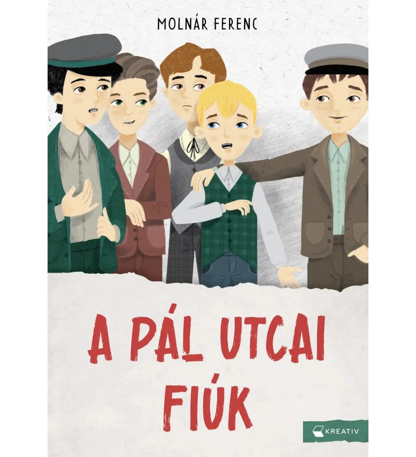 A Pál utcai fiúk című ifjúsági regény borítója Molnár Ferenctől, a történet főszereplőit ábrázoló illusztrációval.