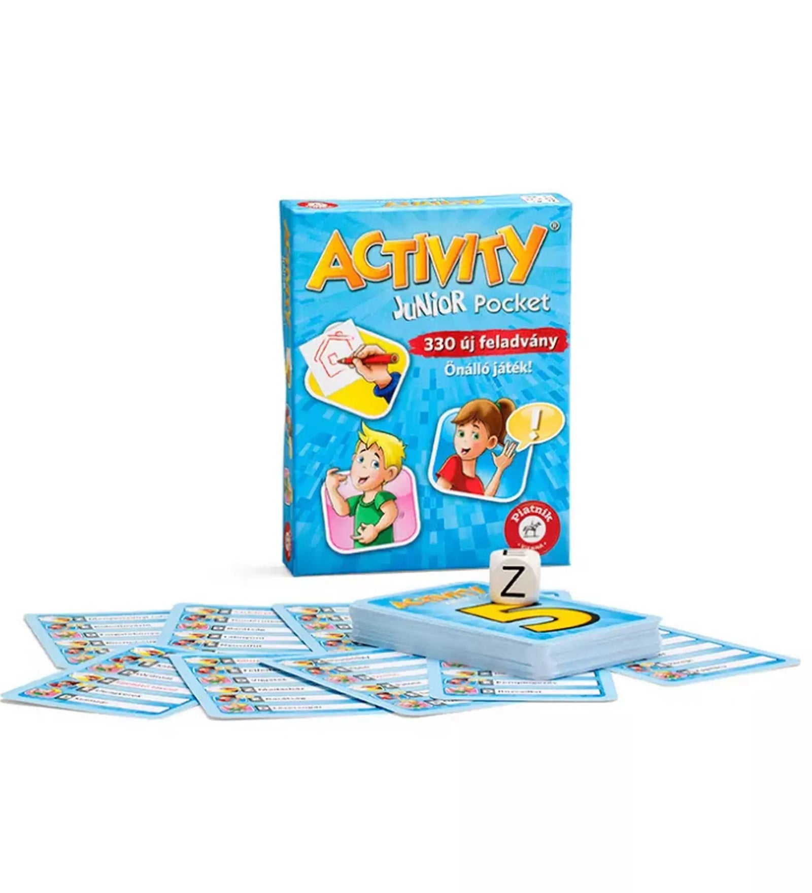 „Az Activity Junior Pocket társasjáték doboza a játékkártyákkal és a speciális dobókockával, 330 új feladvánnyal, gyerekeknek szóló zsebméretű változatban.”