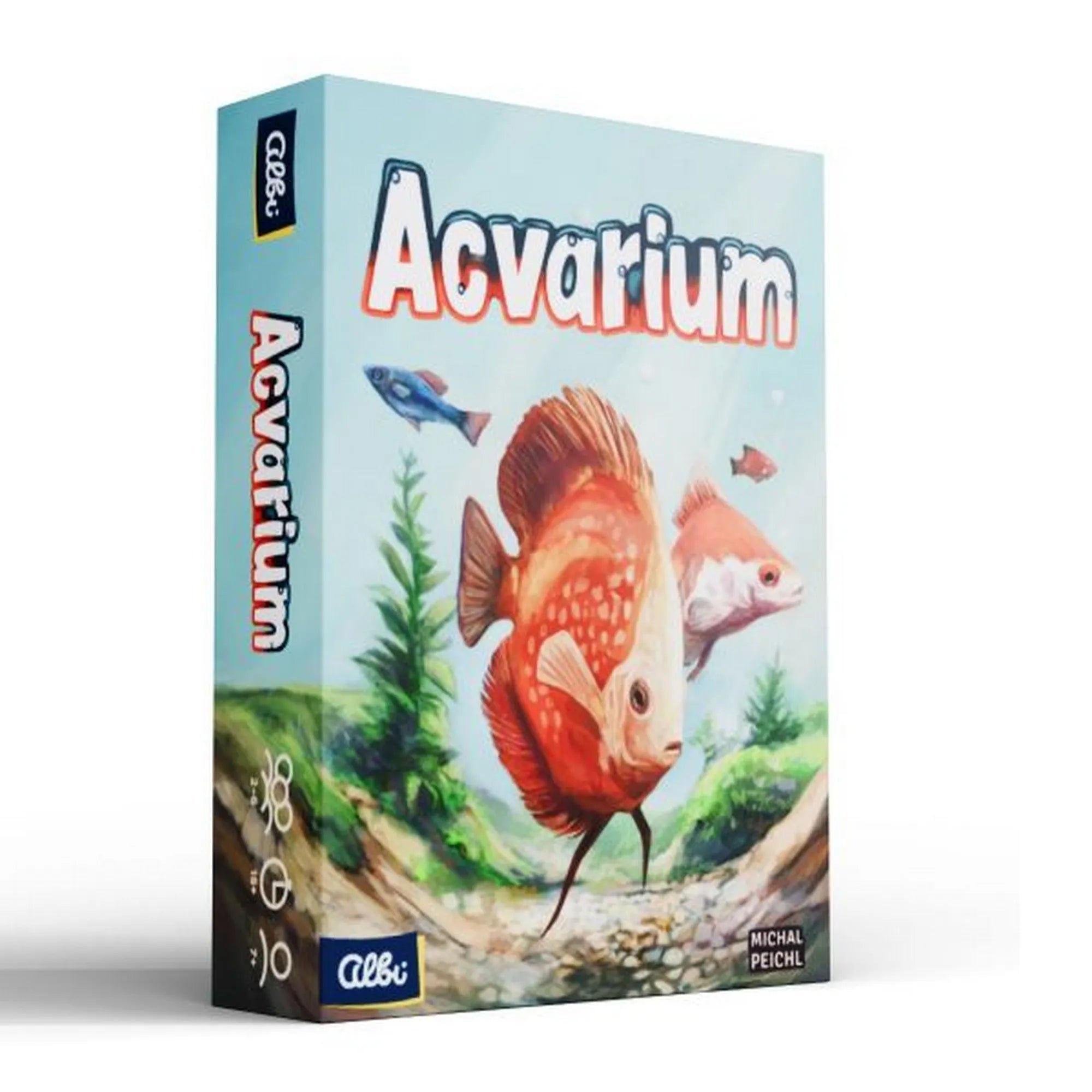 Acvarium társasjáték doboza Michal Peichl illusztrációjával, egy nagy narancsszínű hallal a borítón.