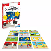 Az "Agerino Jocul Opozițiilor" játék teljes tartalma, beleértve a színes puzzle-kártyákat, amelyeken ellentétpárok szerepelnek.