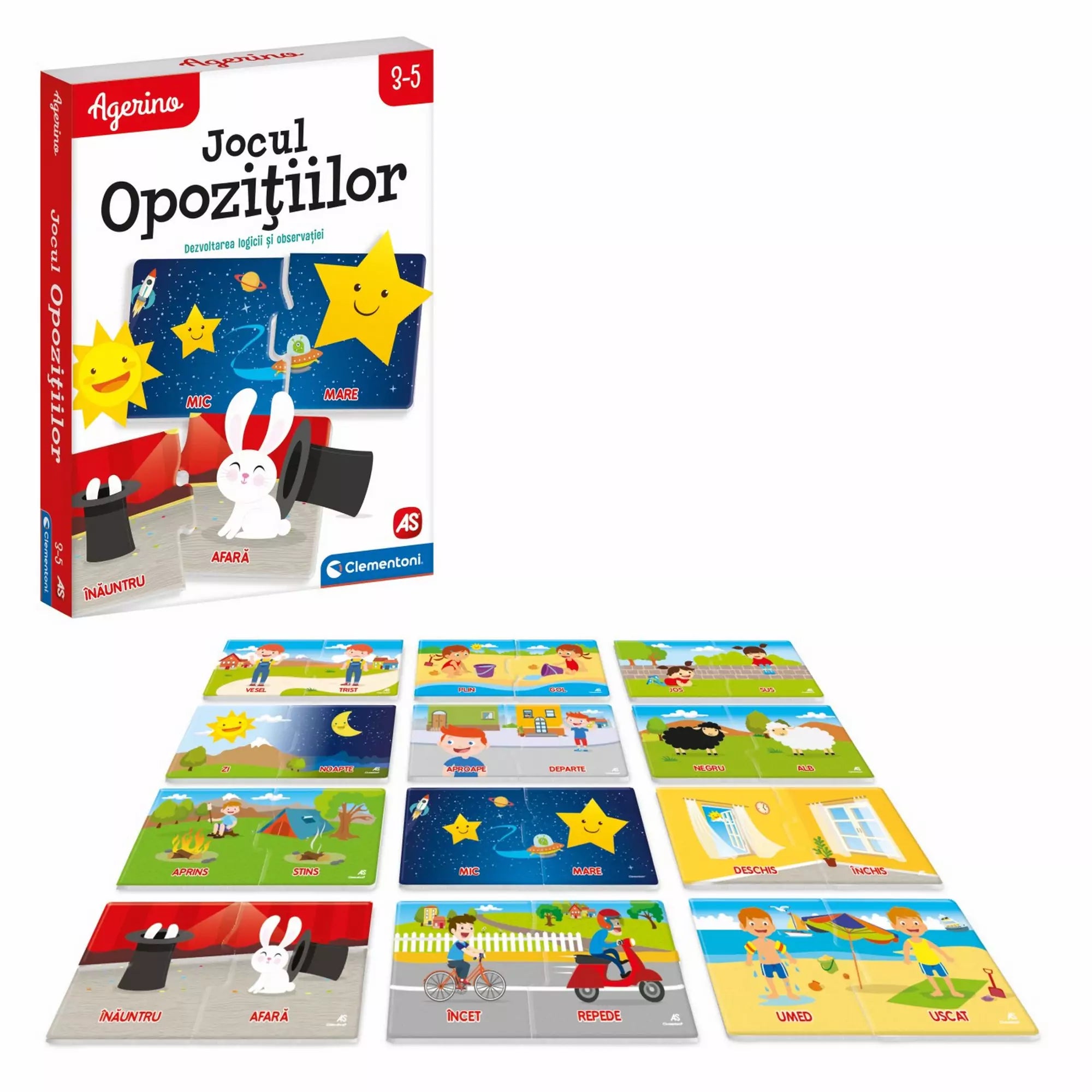 Az "Agerino Jocul Opozițiilor" játék teljes tartalma, beleértve a színes puzzle-kártyákat, amelyeken ellentétpárok szerepelnek.