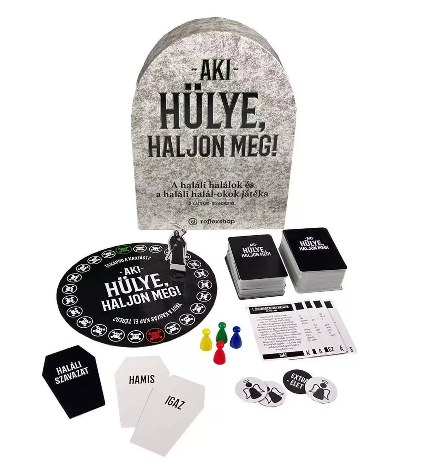 Az Aki hülye, haljon meg! társasjáték tartalma: játéktábla, kártyák, bábuk és Haláli Szavazat lapok