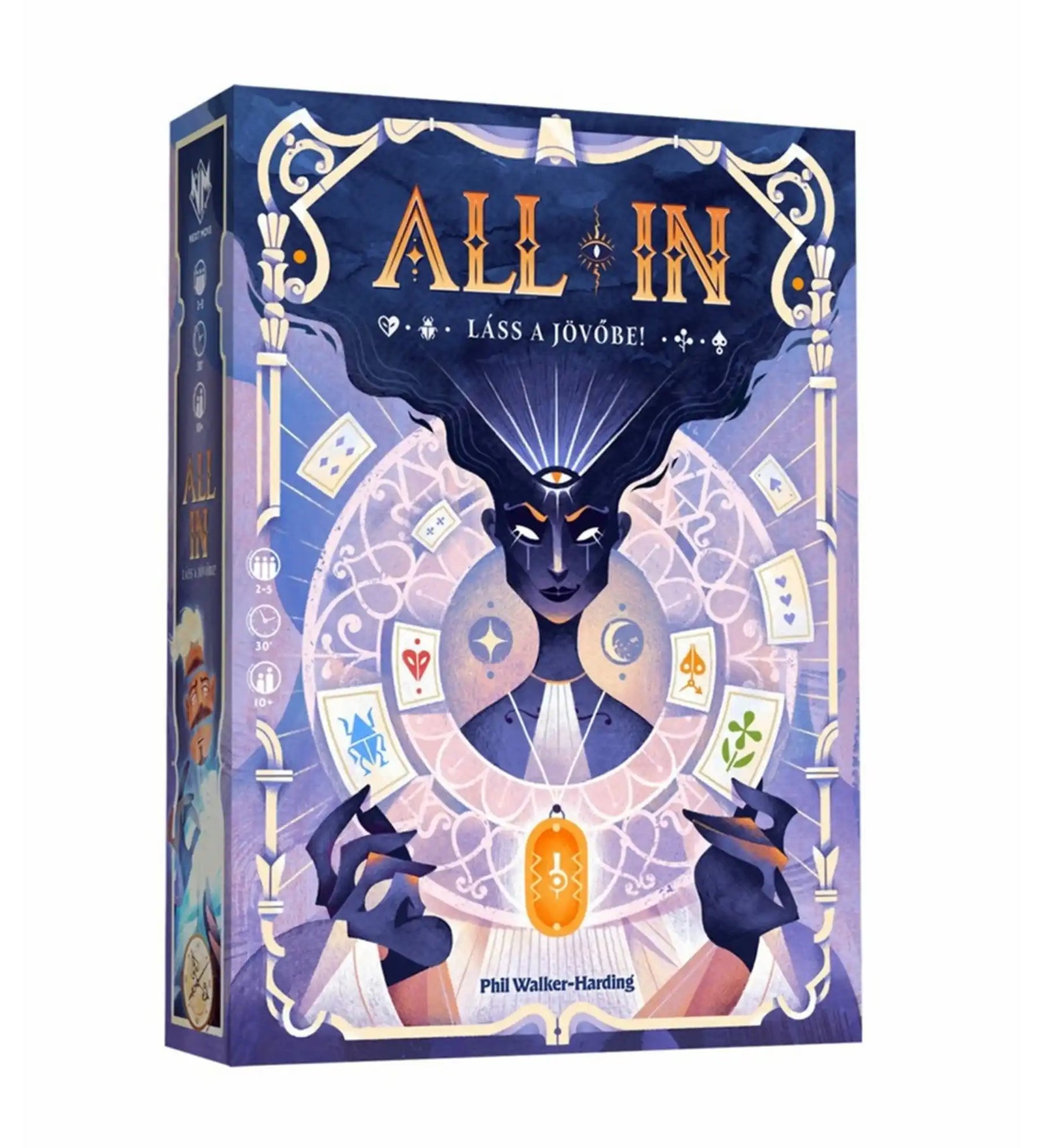 All in – Láss a jövőbe társasjáték doboza misztikus jósnő és kártyamotívumokkal