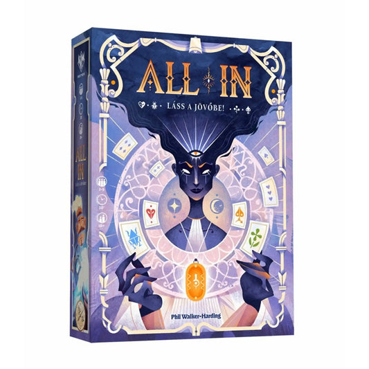 All in – Láss a jövőbe társasjáték doboza misztikus jósnő és kártyamotívumokkal