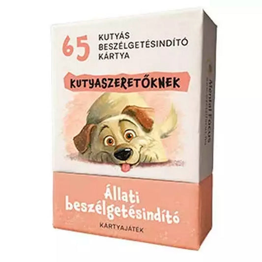 Állati beszélgetésindító kutyaszeretőknek kártyajáték doboza aranyos kutyaillusztrációval és 65 beszélgetésindító kártyával.