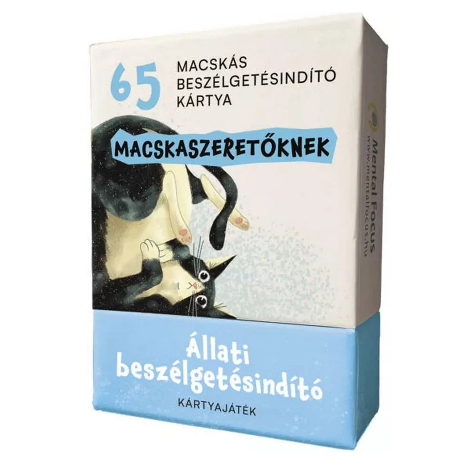 Állati beszélgetésindító macskaszeretőknek kártyajáték doboza, amely 65 beszélgetésindító kártyát tartalmaz.