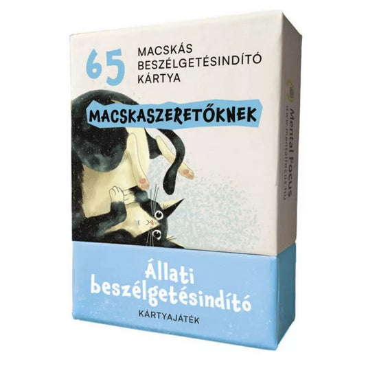 Állati beszélgetésindító macskaszeretőknek kártyajáték doboza, amely 65 beszélgetésindító kártyát tartalmaz.