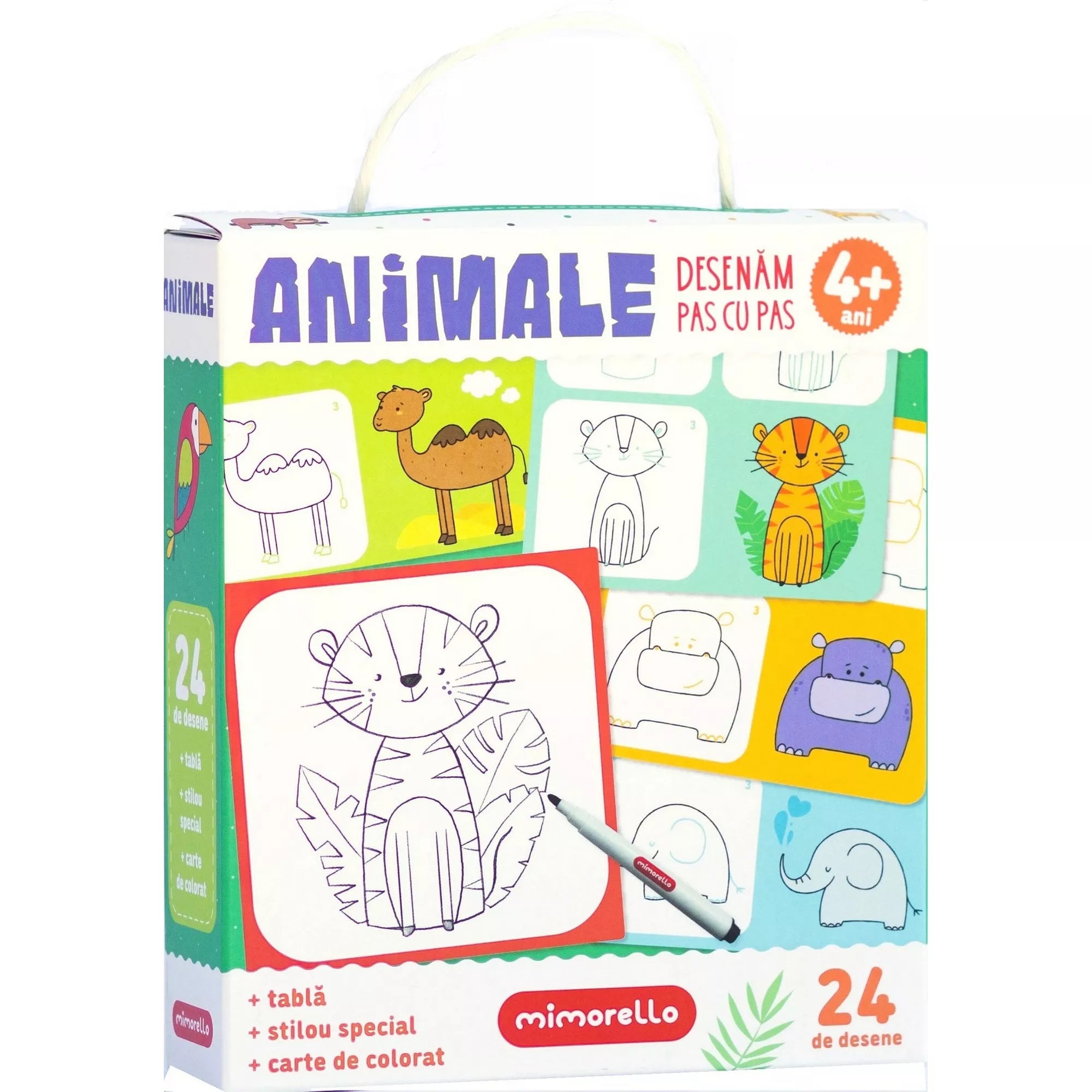 A Mimorello „Animale – Desenăm pas cu pas” rajzkészlet doboza, amely 4 éves kortól ajánlott. A csomag 24 állatos rajzot, táblát, speciális tollat és kifestőkönyvet tartalmaz, színes, vidám állatfigurákkal díszítve.