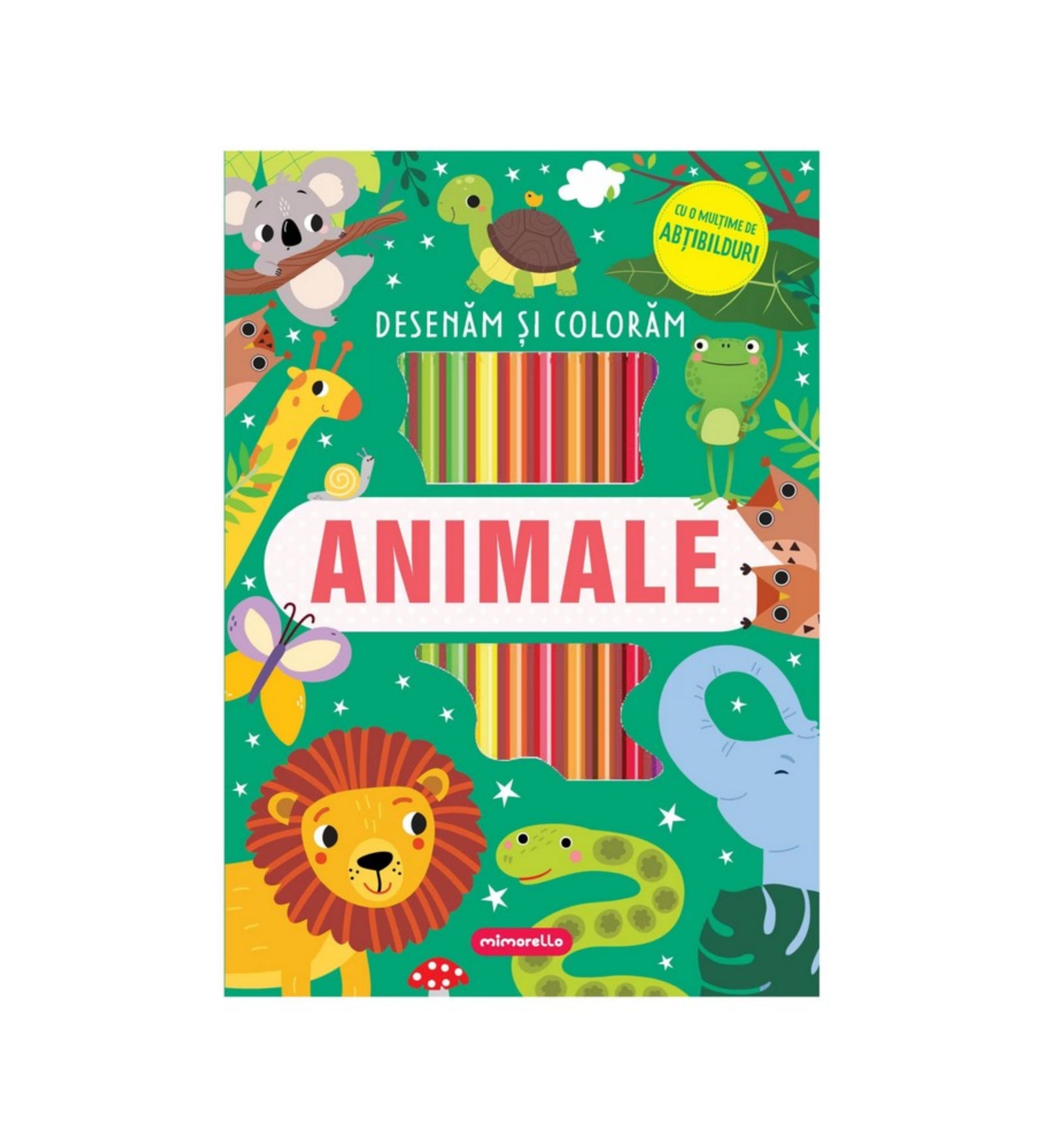 Animale – Desenăm și colorăm című román nyelvű foglalkoztató könyv borítója. A zöld háttéren színes illusztrációk láthatók: oroszlán, zsiráf, kígyó, elefánt, béka, teknős, róka, koala és pillangó. A könyv tele van rajzolási és színezési feladatokkal, valamint matricákkal a gyerekek számára.