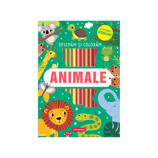 Animale – Desenăm și colorăm című román nyelvű foglalkoztató könyv borítója. A zöld háttéren színes illusztrációk láthatók: oroszlán, zsiráf, kígyó, elefánt, béka, teknős, róka, koala és pillangó. A könyv tele van rajzolási és színezési feladatokkal, valamint matricákkal a gyerekek számára.