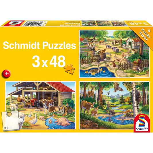 Puzzle Schmidt: A kedvenc állataim, 3 x 48 darab + Ajándék poszter