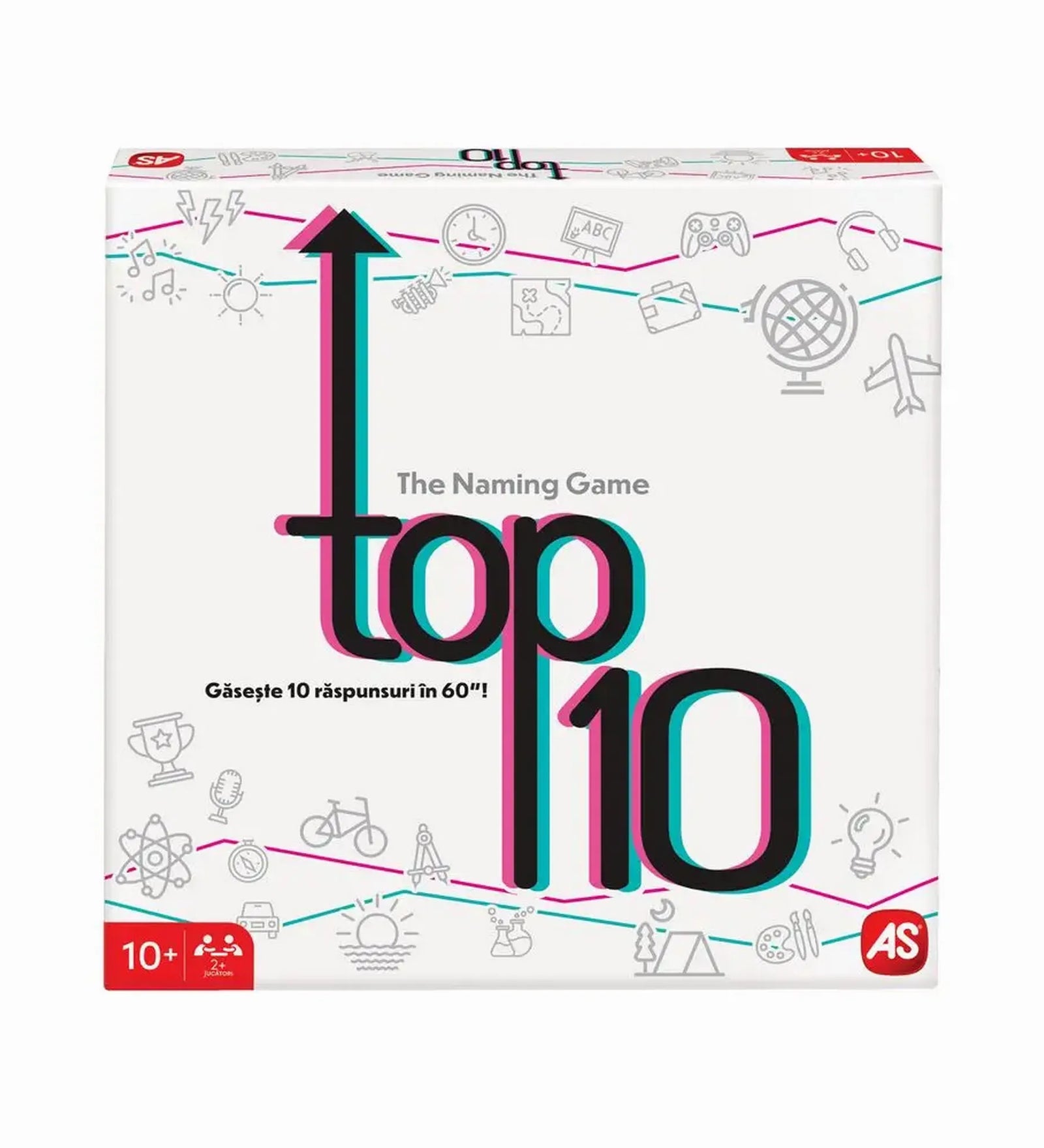 Top 10 – The Naming Game társasjáték doboza, modern fehér dizájnnal és színes ikonokkal.