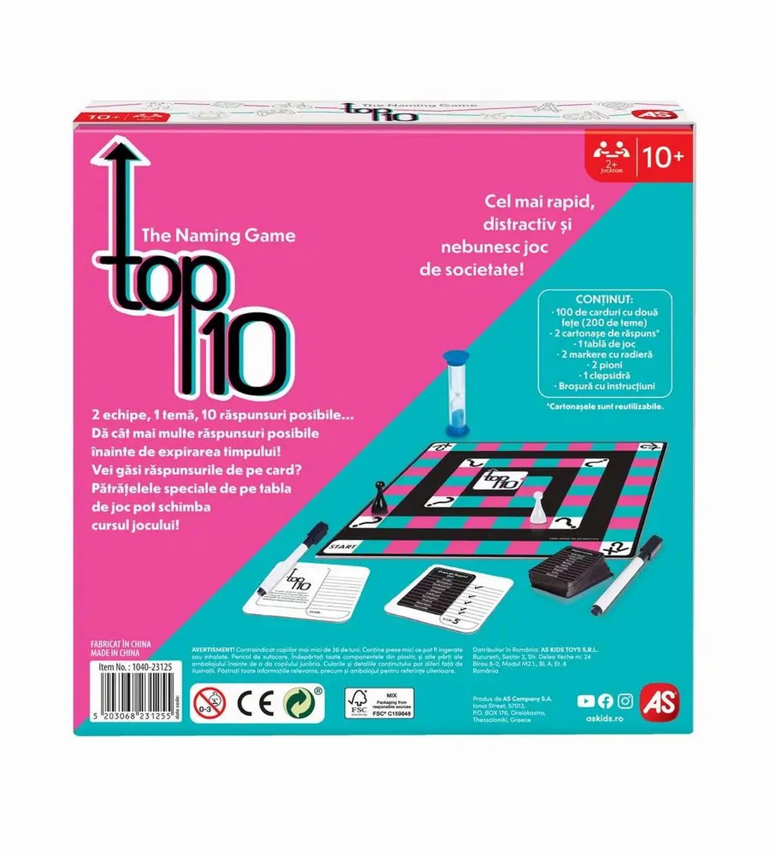 Top 10 társasjáték hátoldala, játéktábla, homokóra és kártyák bemutatásával.