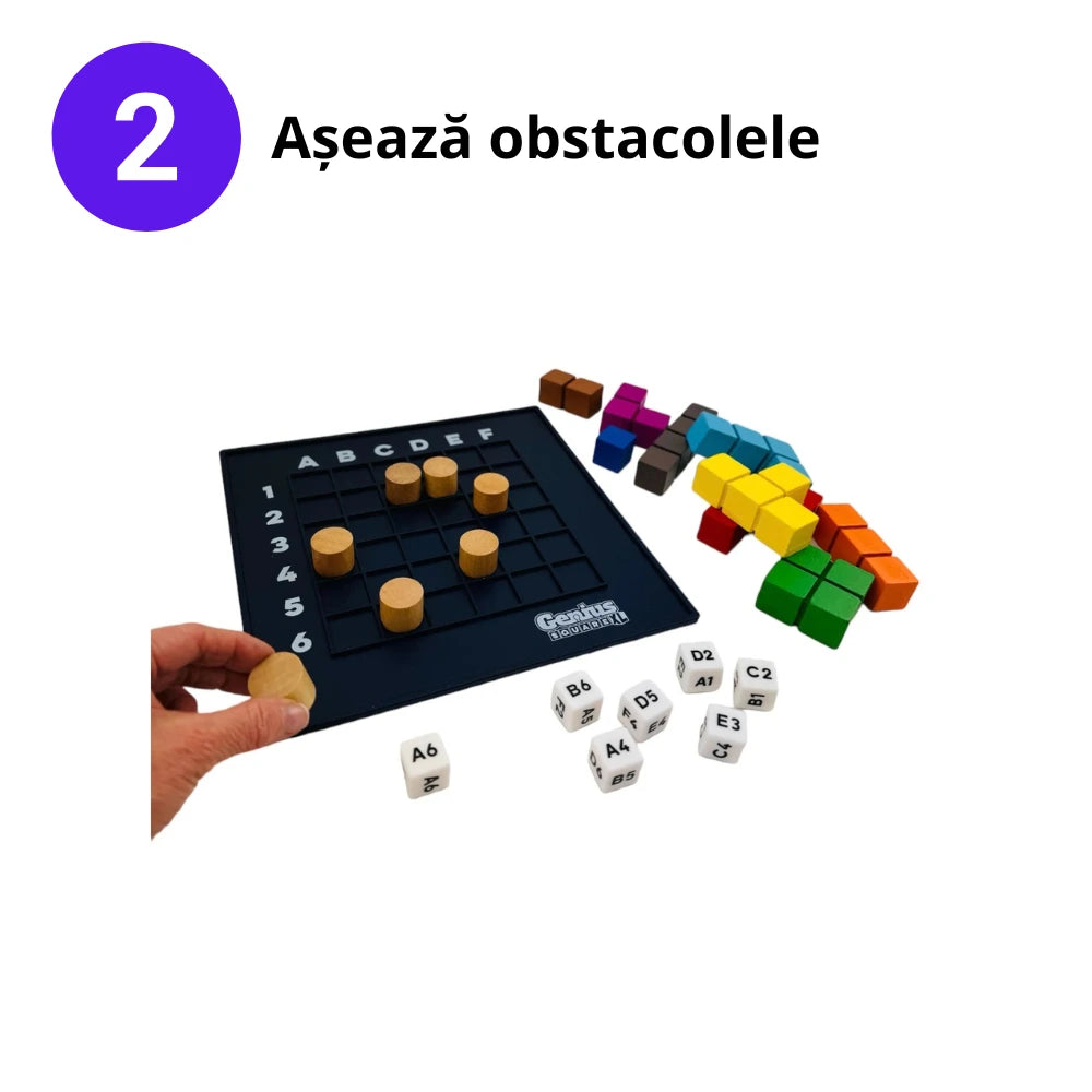 Genius Square játék második lépése: a játékos a dobott koordináták alapján fa akadályokat helyez a játéktáblára. A román felirat jelentése: „Helyezd el az akadályokat!”
