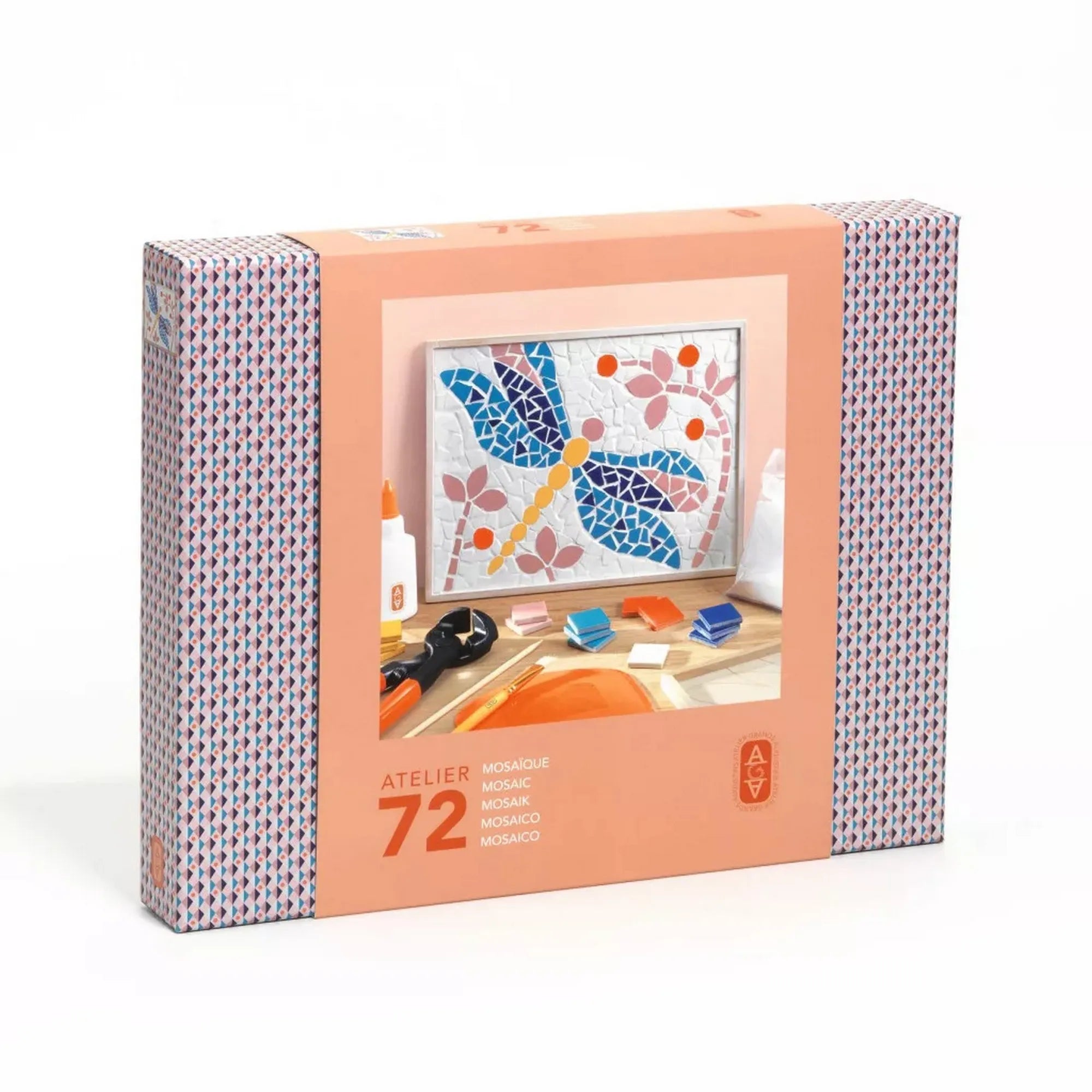 Atelier 72 mozaikkészítő felnőtteknek: Szitakötő – a készlet doboza, előlapján a szitakötő mozaikkép fotójával.