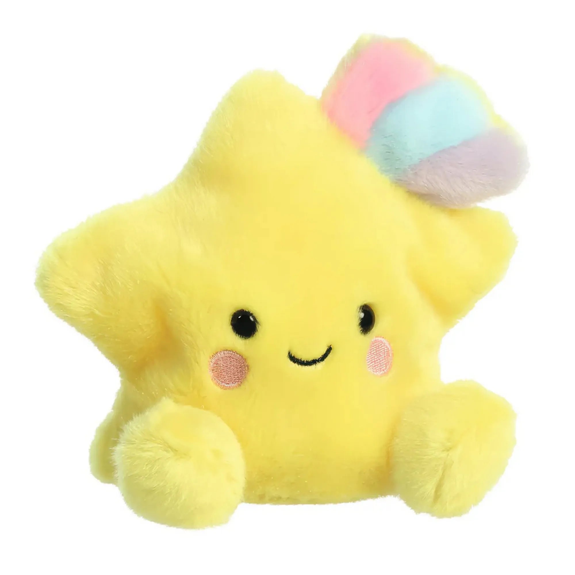 Aurora Palm Pals hullócsillag plüss figura 13 cm méretben, sárga csillag formával, mosolygós arccal és szivárvány színű részlettel fehér háttéren.