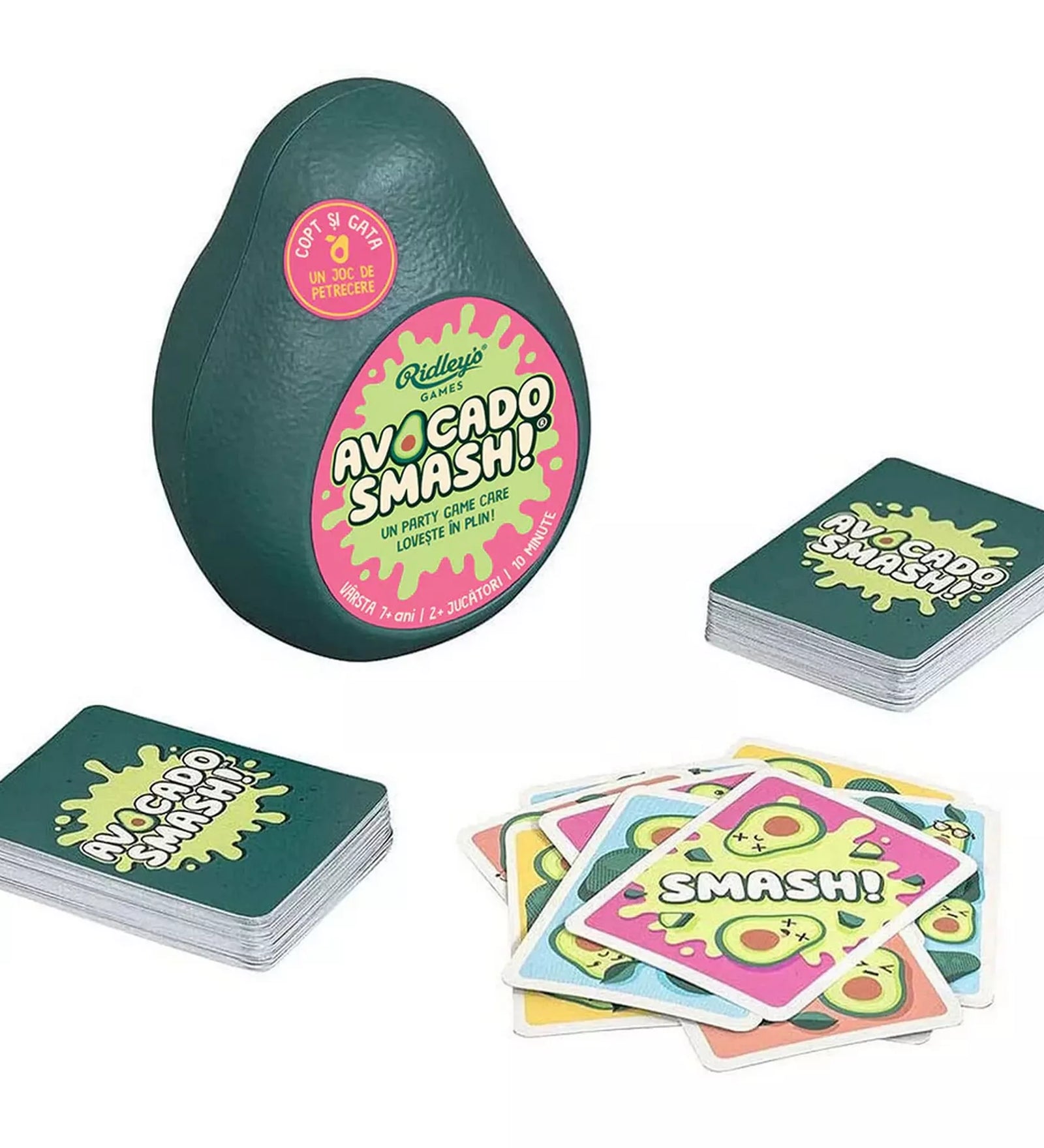 Az Avocado Smash! társasjáték tartalma: avokádó alakú doboz, pakli zöld hátlapos kártya és színes „SMASH!” akciókártyák.