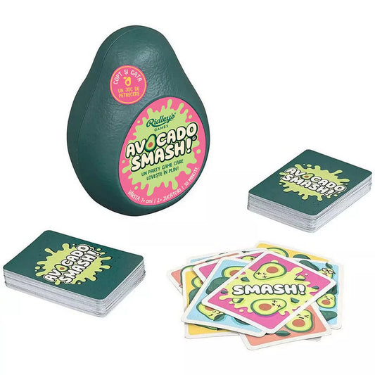 Az Avocado Smash! társasjáték tartalma: avokádó alakú doboz, pakli zöld hátlapos kártya és színes „SMASH!” akciókártyák.
