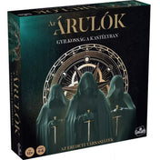 A The Traitors – Az Árulók: Gyilkosság a kastélyban társasjáték doboza sötét, misztikus hangulatban. A borítón három csuklyás alak látható karddal a kezükben, mögöttük arany kompaszmotívum és fekete háttér. A Goliath logó és az „Az eredeti társasjáték” felirat is megjelenik.