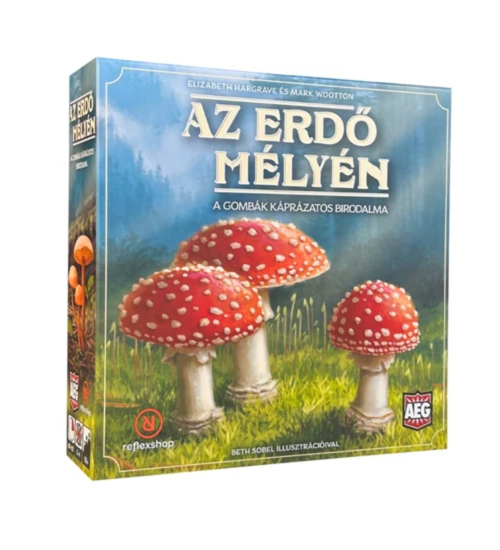 A képen az Az erdő mélyén című társasjáték doboza látható, melynek borítóját élénk, részletgazdag illusztrációk díszítik, köztük látványos piros kalapú gombákkal. A Reflexshop kiadásában megjelent játék a természet és az ökoszisztémák világába kalauzol, különösen a fák és gombák közötti szimbiózis izgalmas kapcsolataira építve. A doboz már önmagában sejteti, hogy egy különleges, stratégiai élmény vár a játékosokra.


